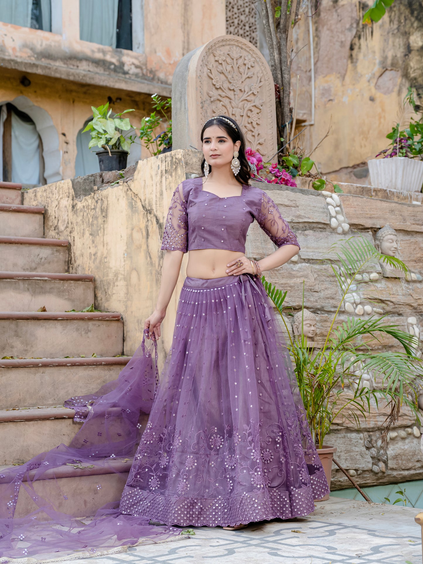 Dreamy Purple Net Lehenga Choli with Sequin & Thread Embroidery