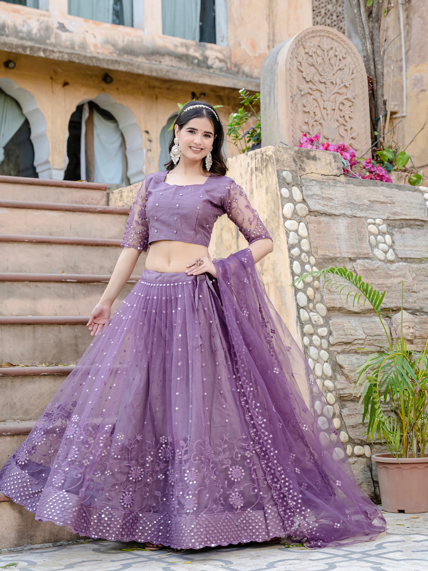 Dreamy Purple Net Lehenga Choli with Sequin & Thread Embroidery