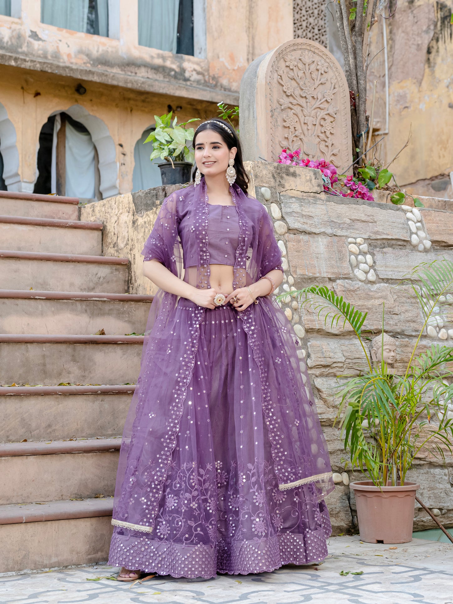 Dreamy Purple Net Lehenga Choli with Sequin & Thread Embroidery