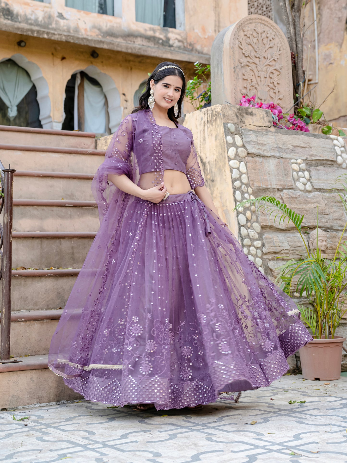 Dreamy Purple Net Lehenga Choli with Sequin & Thread Embroidery