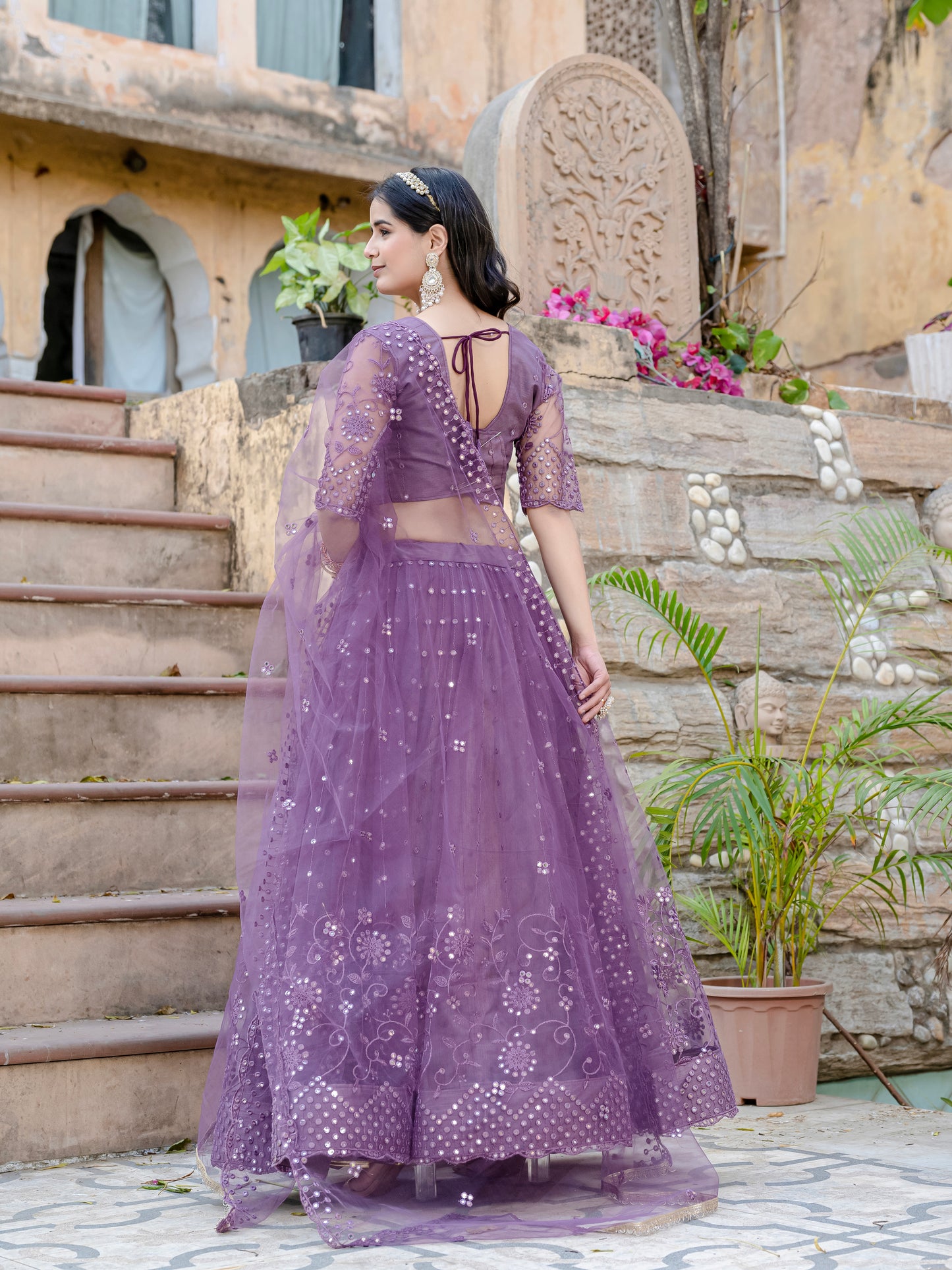 Dreamy Purple Net Lehenga Choli with Sequin & Thread Embroidery