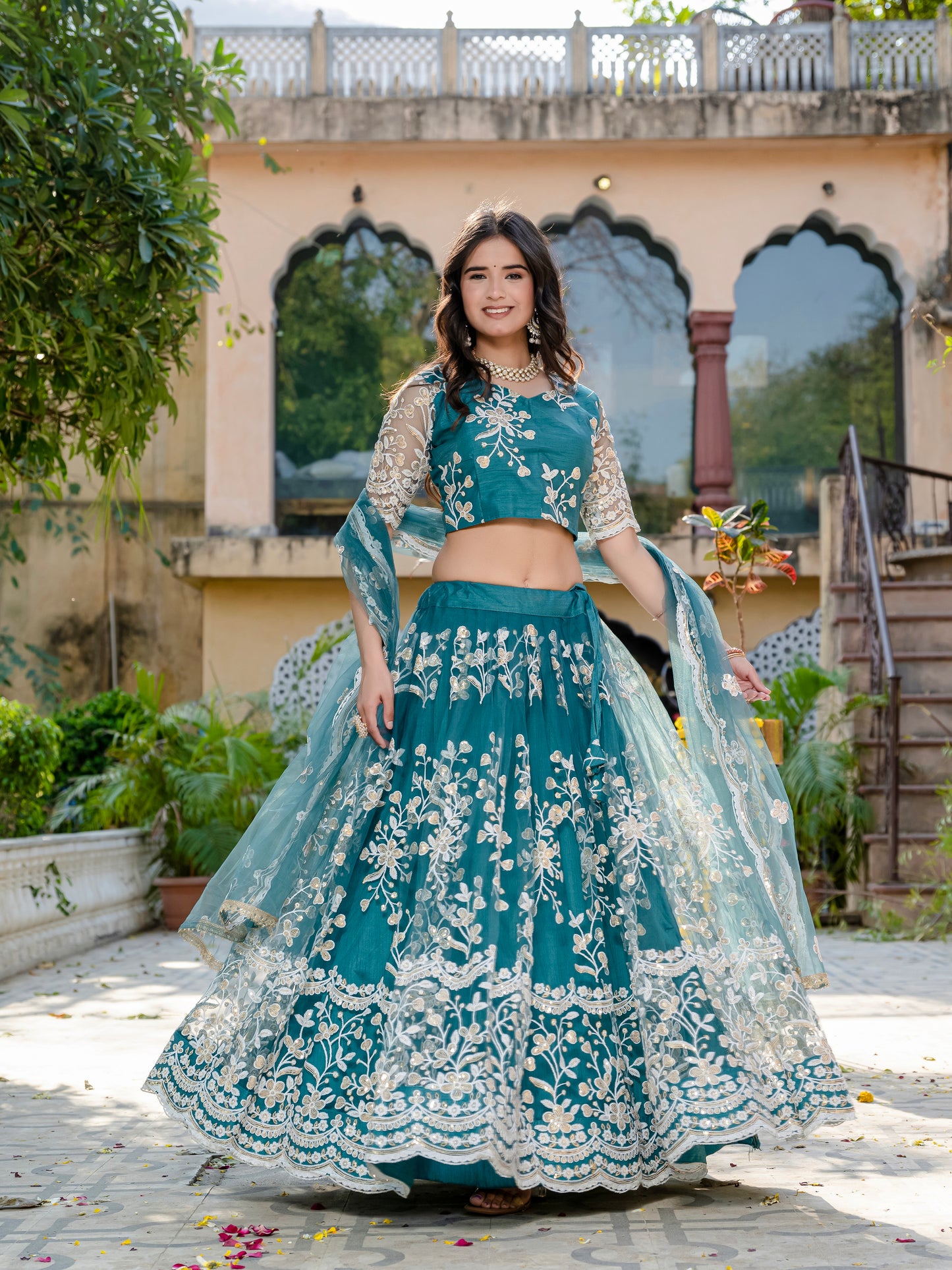 Pastel Teal Sequin & Thread Embroidered Net Lehenga Choli
