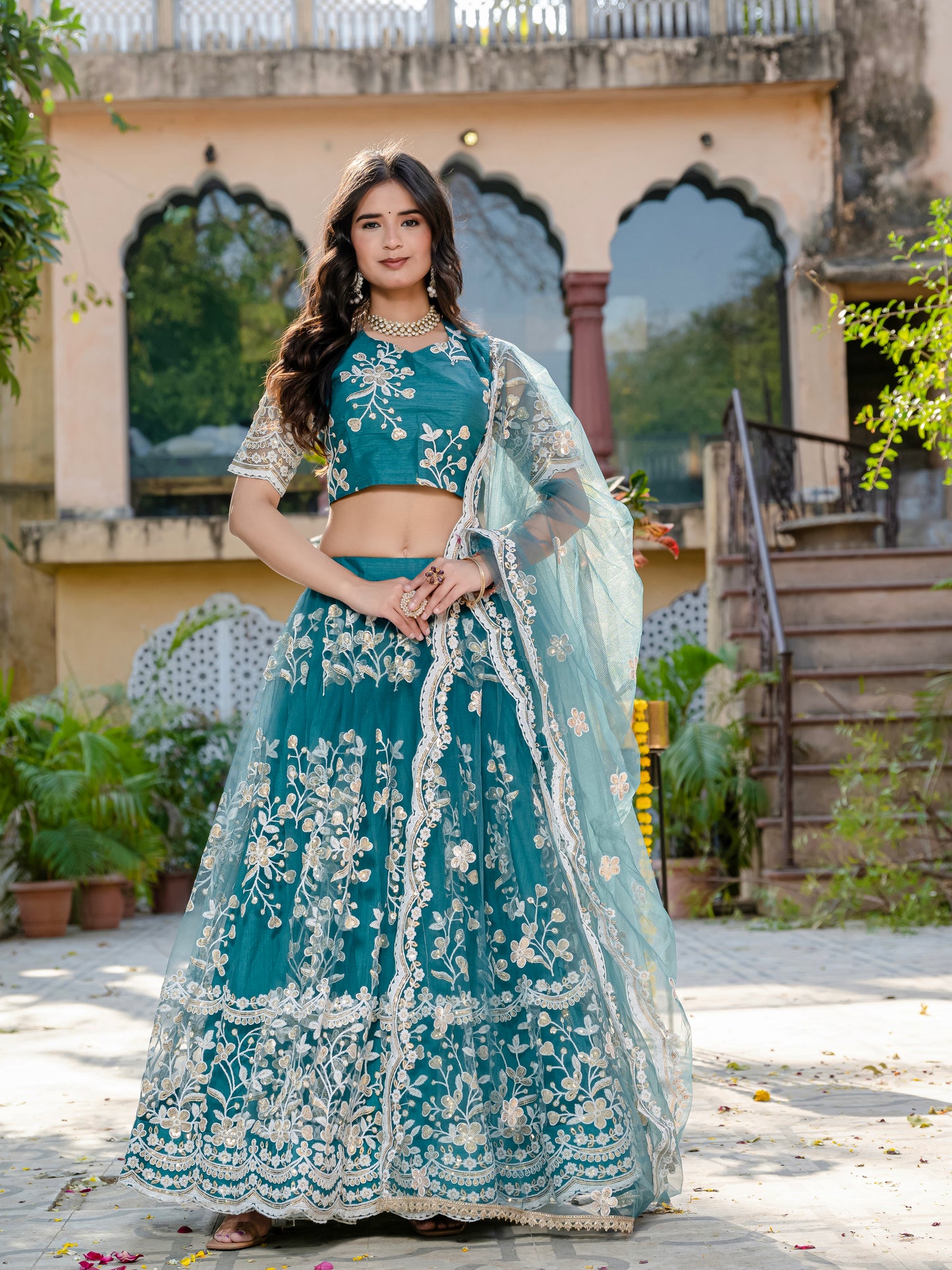 Pastel Teal Sequin & Thread Embroidered Net Lehenga Choli
