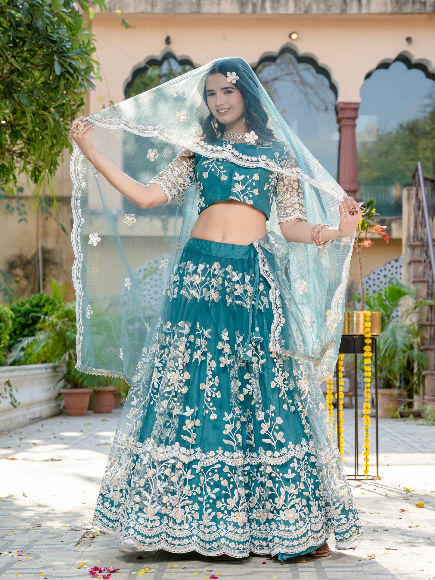 Pastel Teal Sequin & Thread Embroidered Net Lehenga Choli