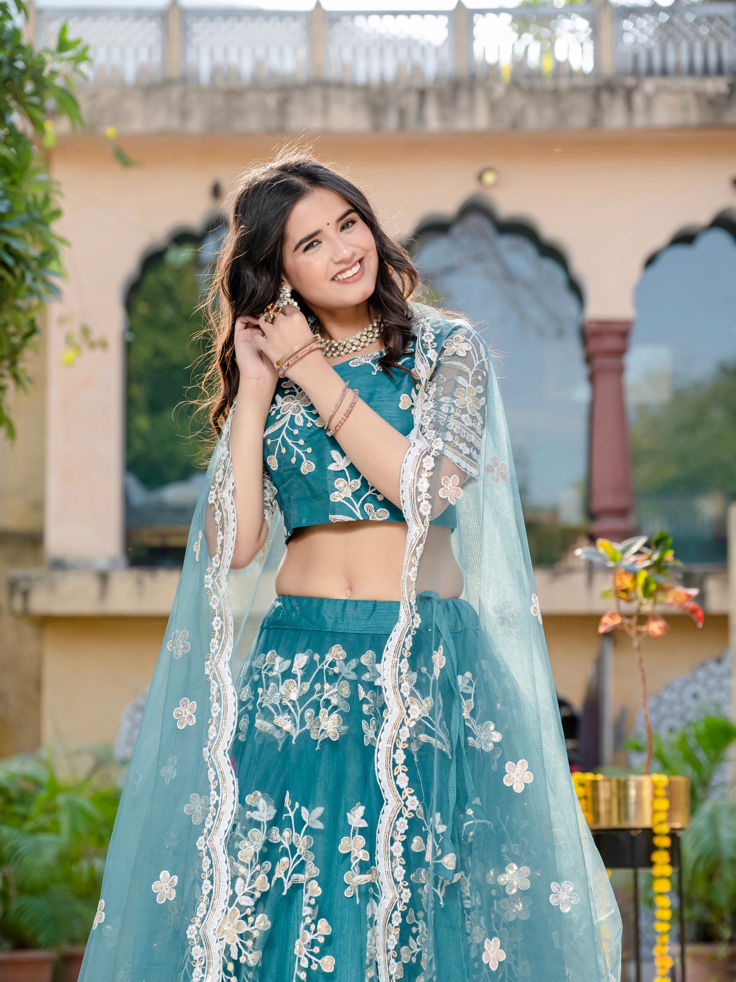 Pastel Teal Sequin & Thread Embroidered Net Lehenga Choli