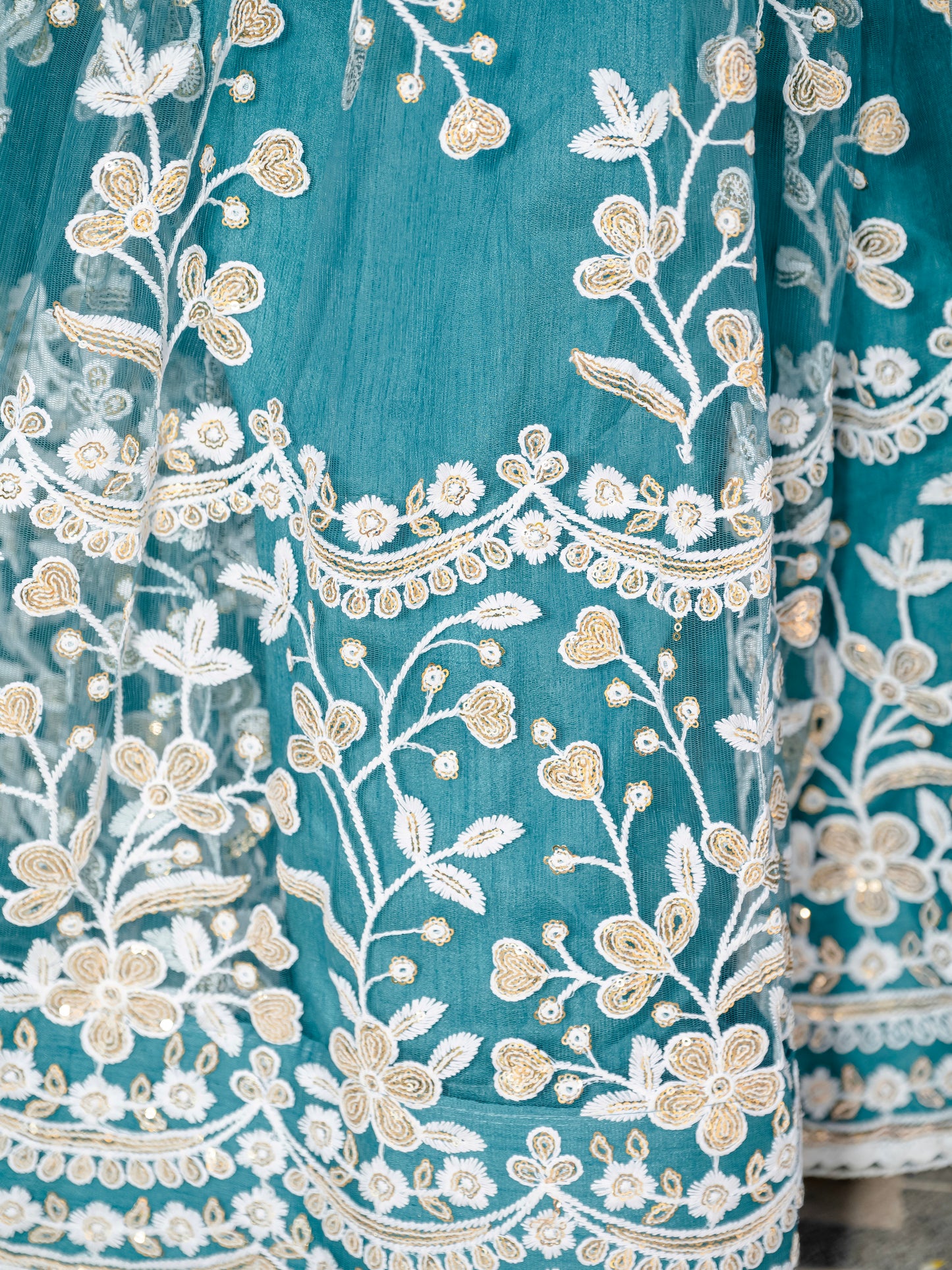 Pastel Teal Sequin & Thread Embroidered Net Lehenga Choli