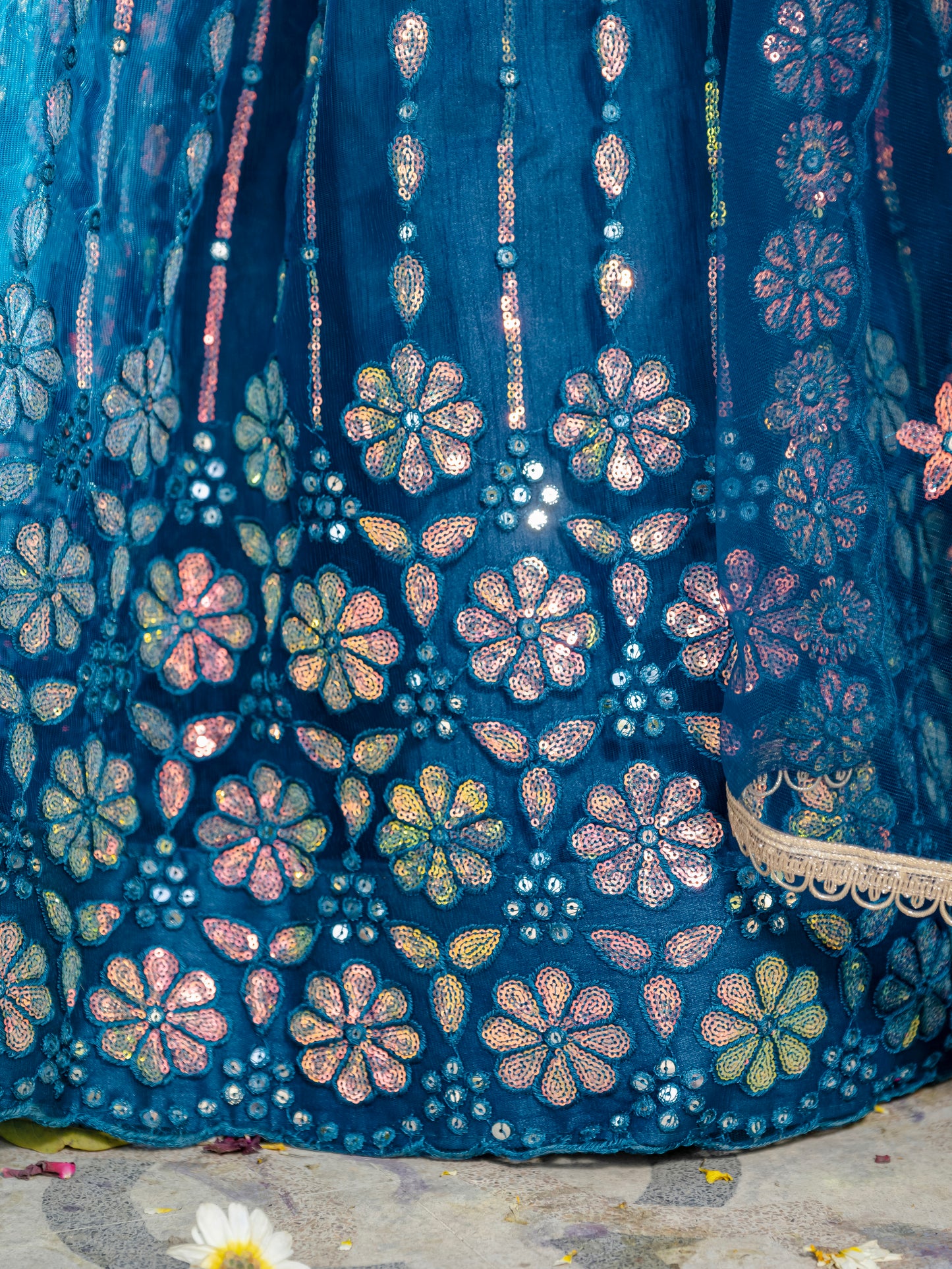 Exquisite Rama Blue Net Lehenga Choli with Sequin & Thread Embroidery