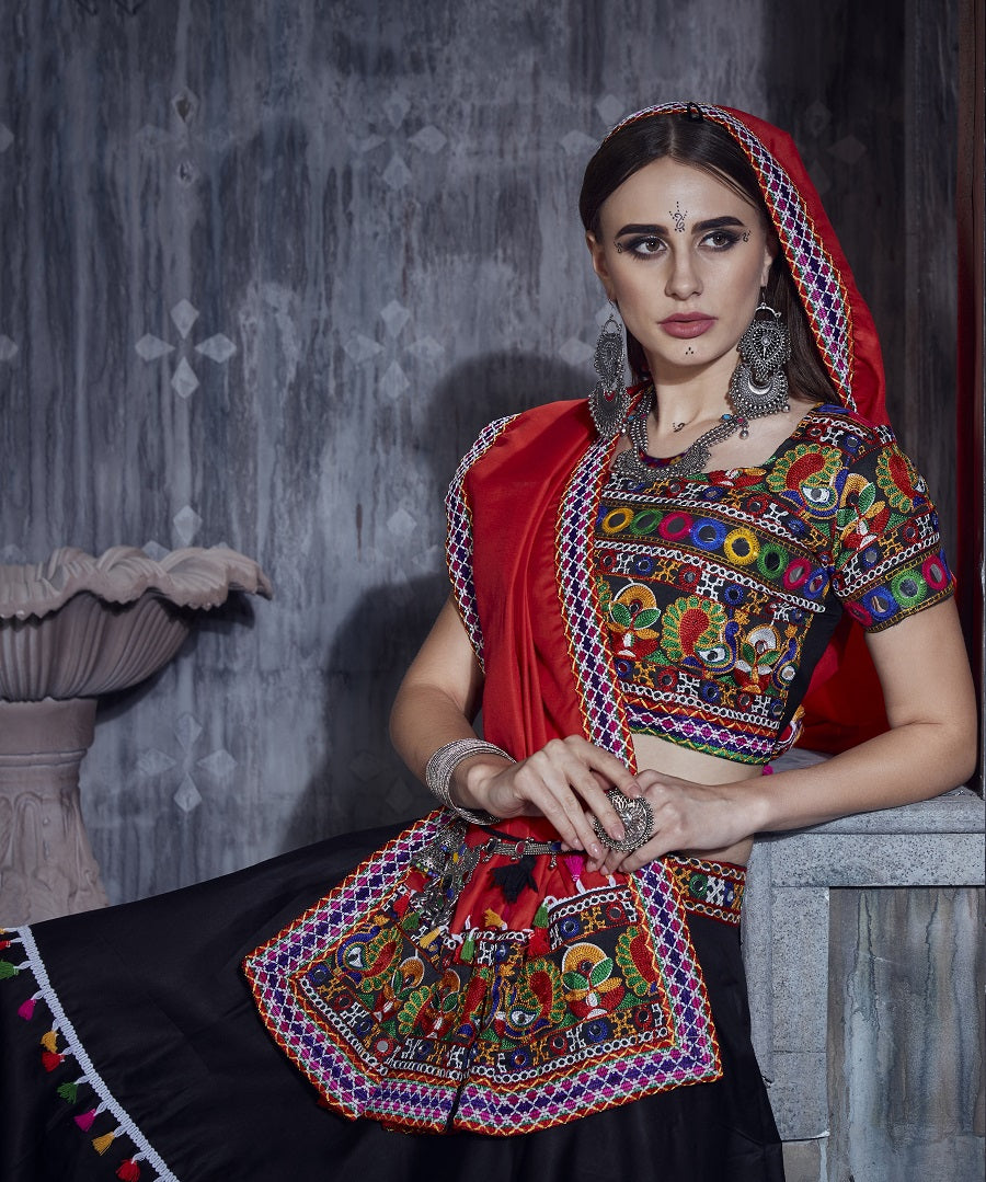 Rajwadi Black Gamthi Embroidered Navratri Chaniya Choli with Red Dupatta – Design