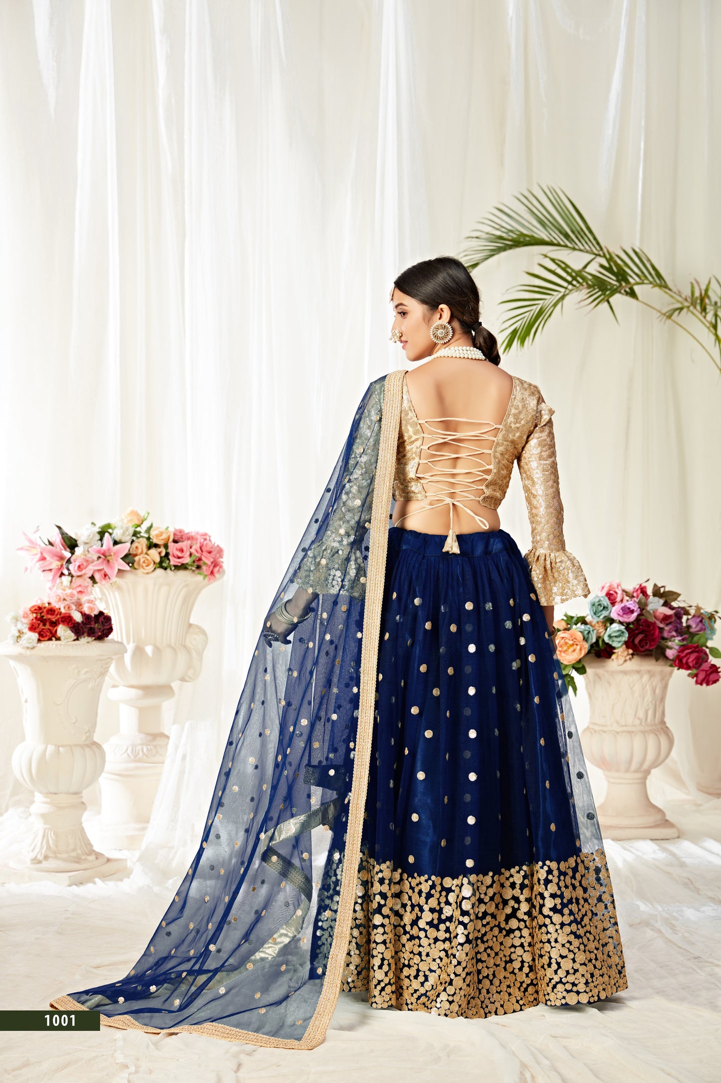 Elegant Navy Blue Soft Net Lehenga Choli with Sequins & Thread Work