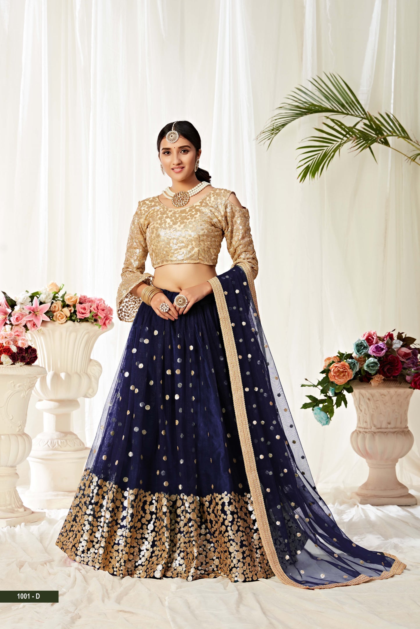 Elegant Navy Blue Soft Net Lehenga Choli with Sequins & Thread Work