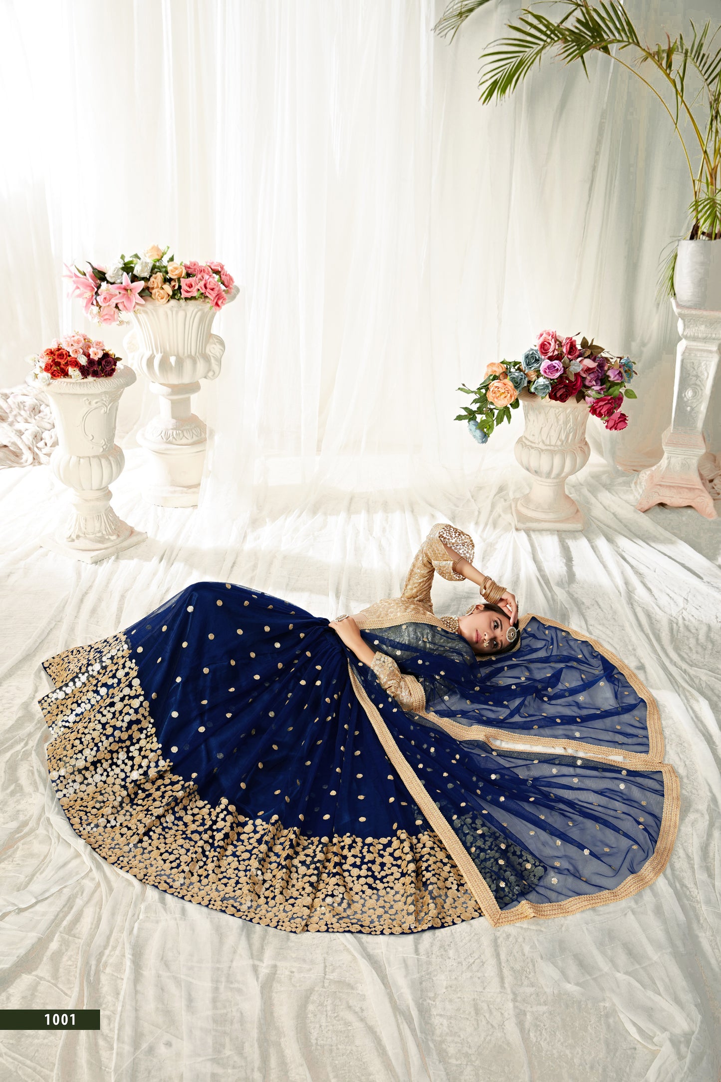 Elegant Navy Blue Soft Net Lehenga Choli with Sequins & Thread Work