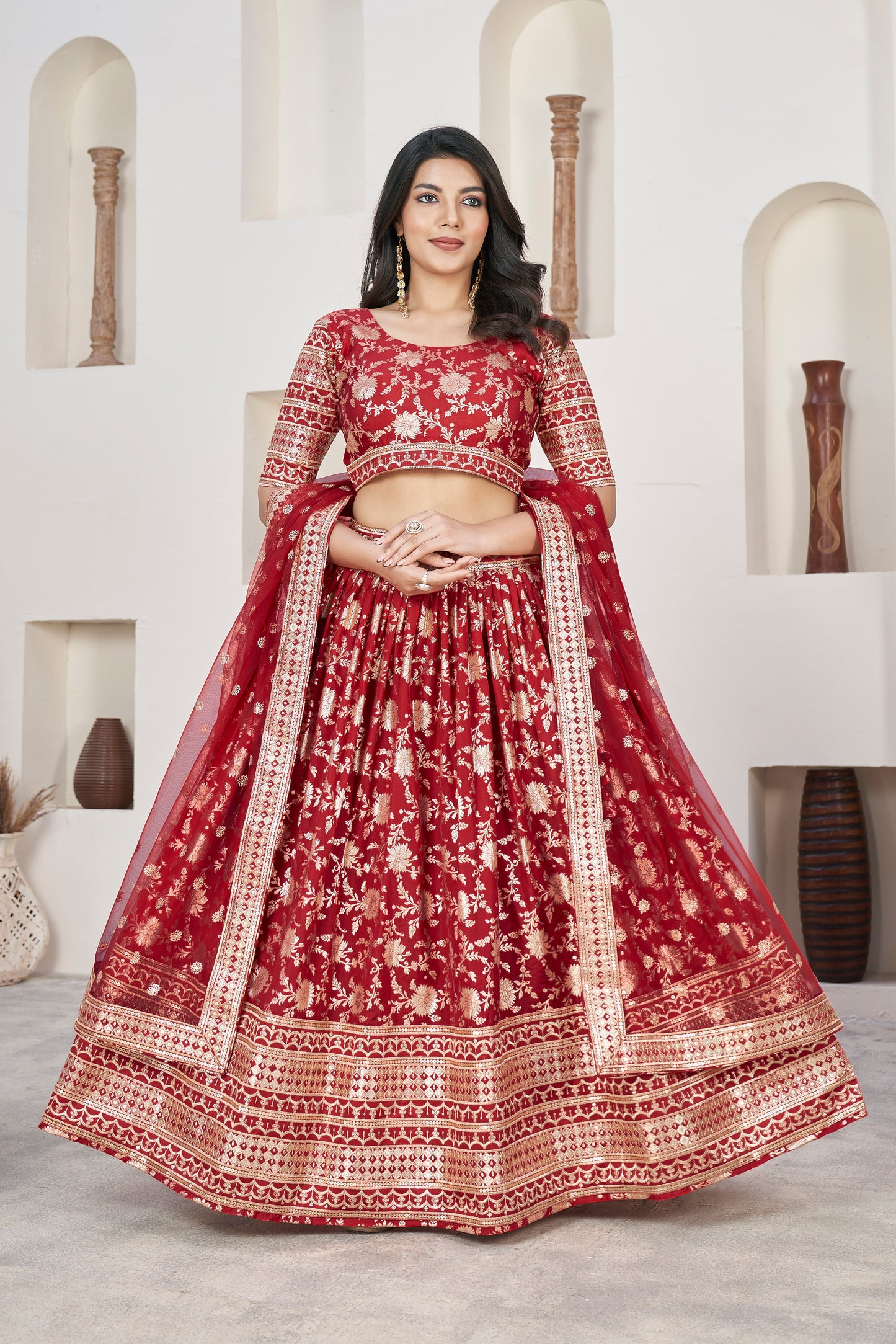 Stunning Red Dola Jacquard Lehenga with Zari & Sequin Work