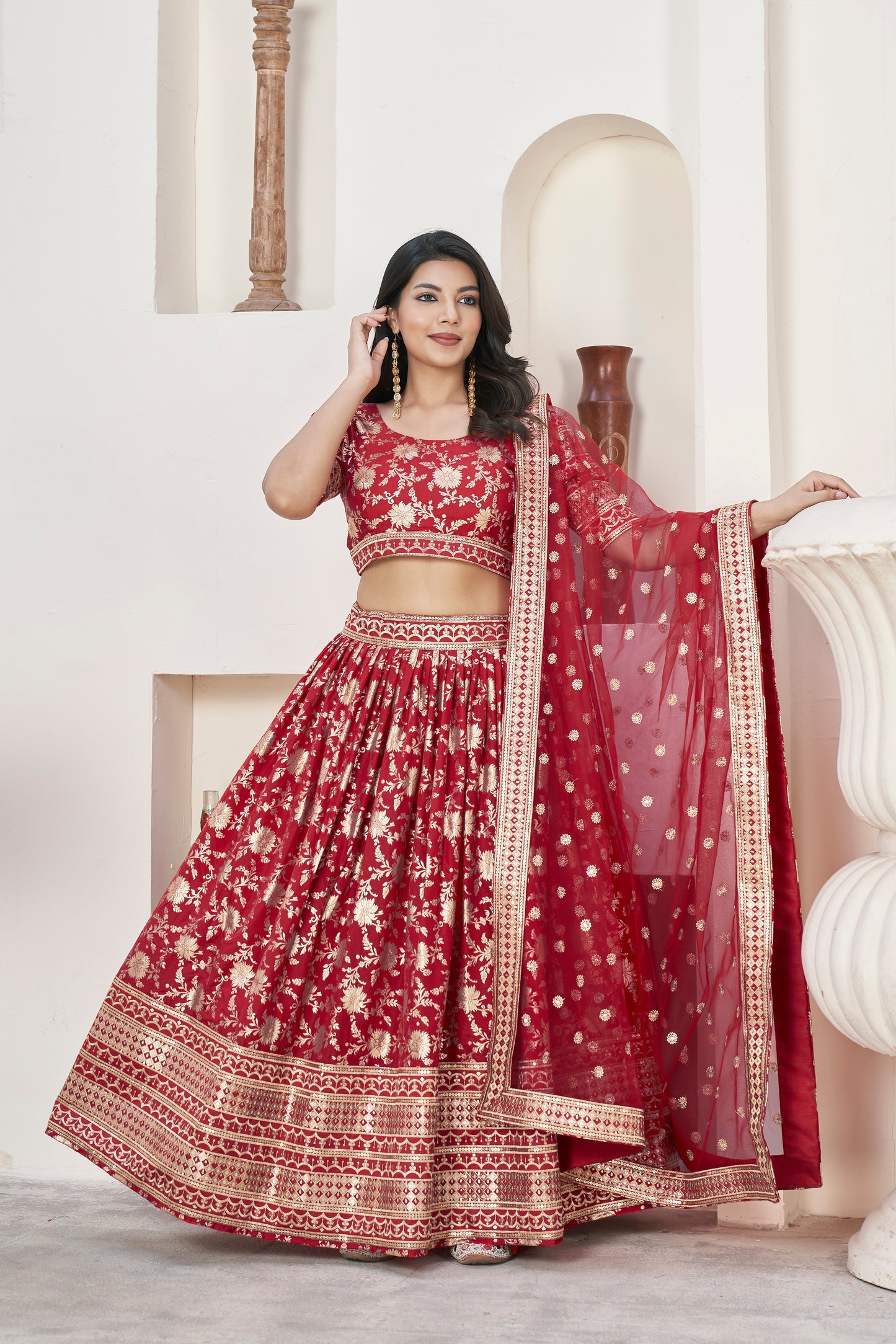 Stunning Red Dola Jacquard Lehenga with Zari & Sequin Work