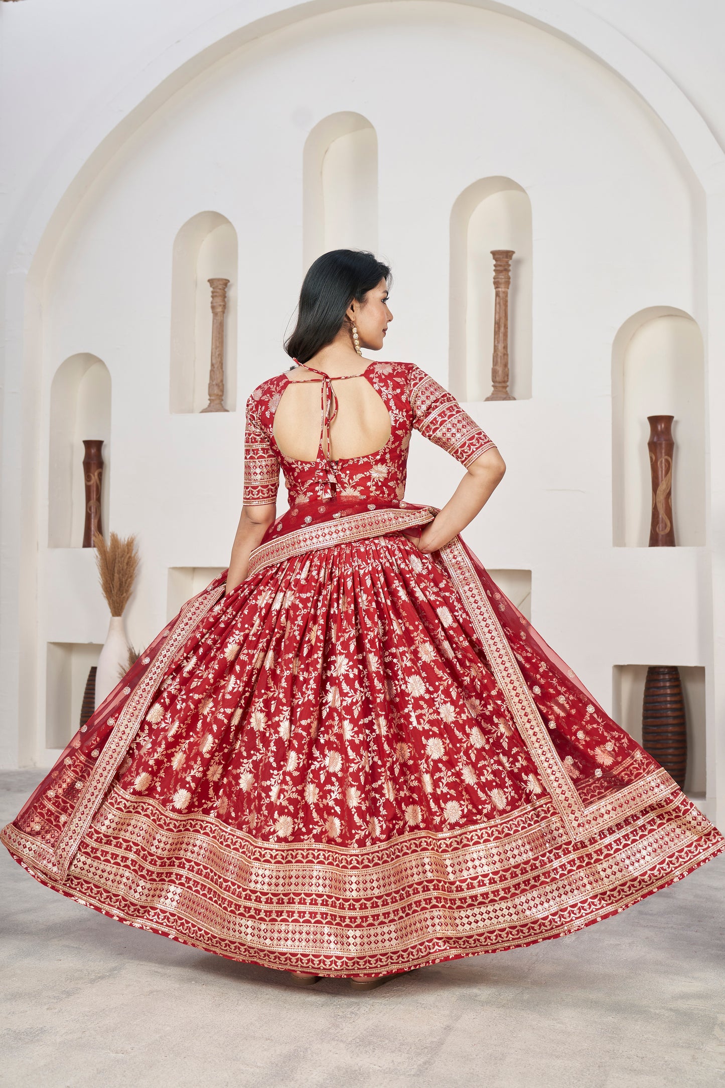 Stunning Red Dola Jacquard Lehenga with Zari & Sequin Work