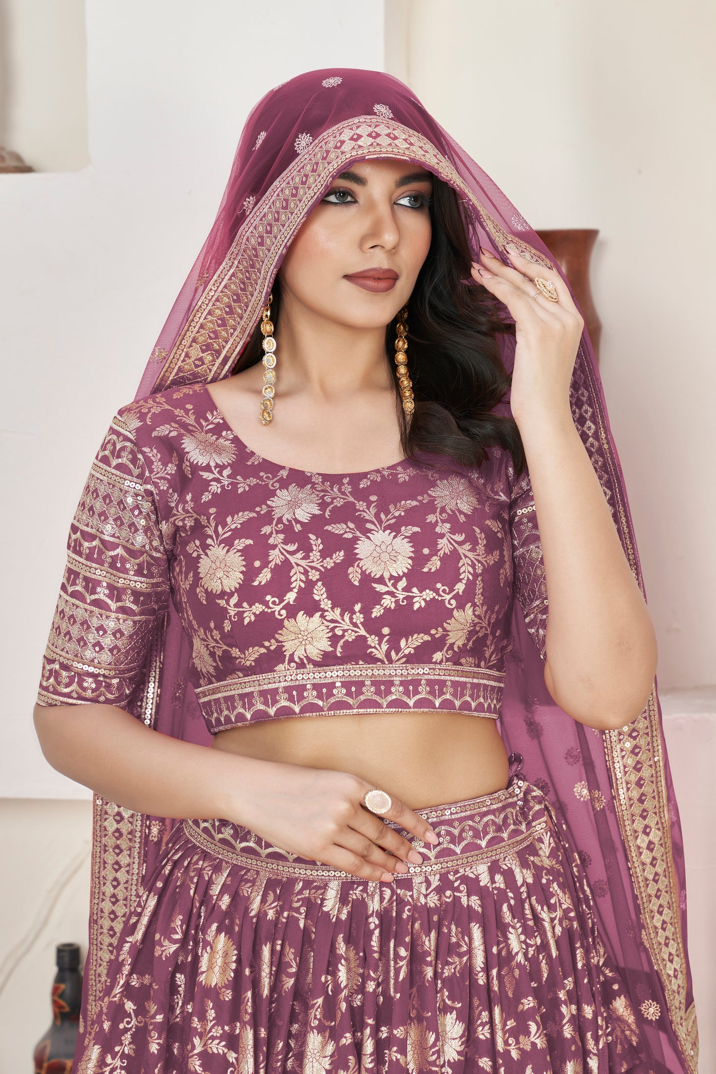 Elegant Rosy Brown Dola Jacquard Lehenga with Zari & Sequin Work
