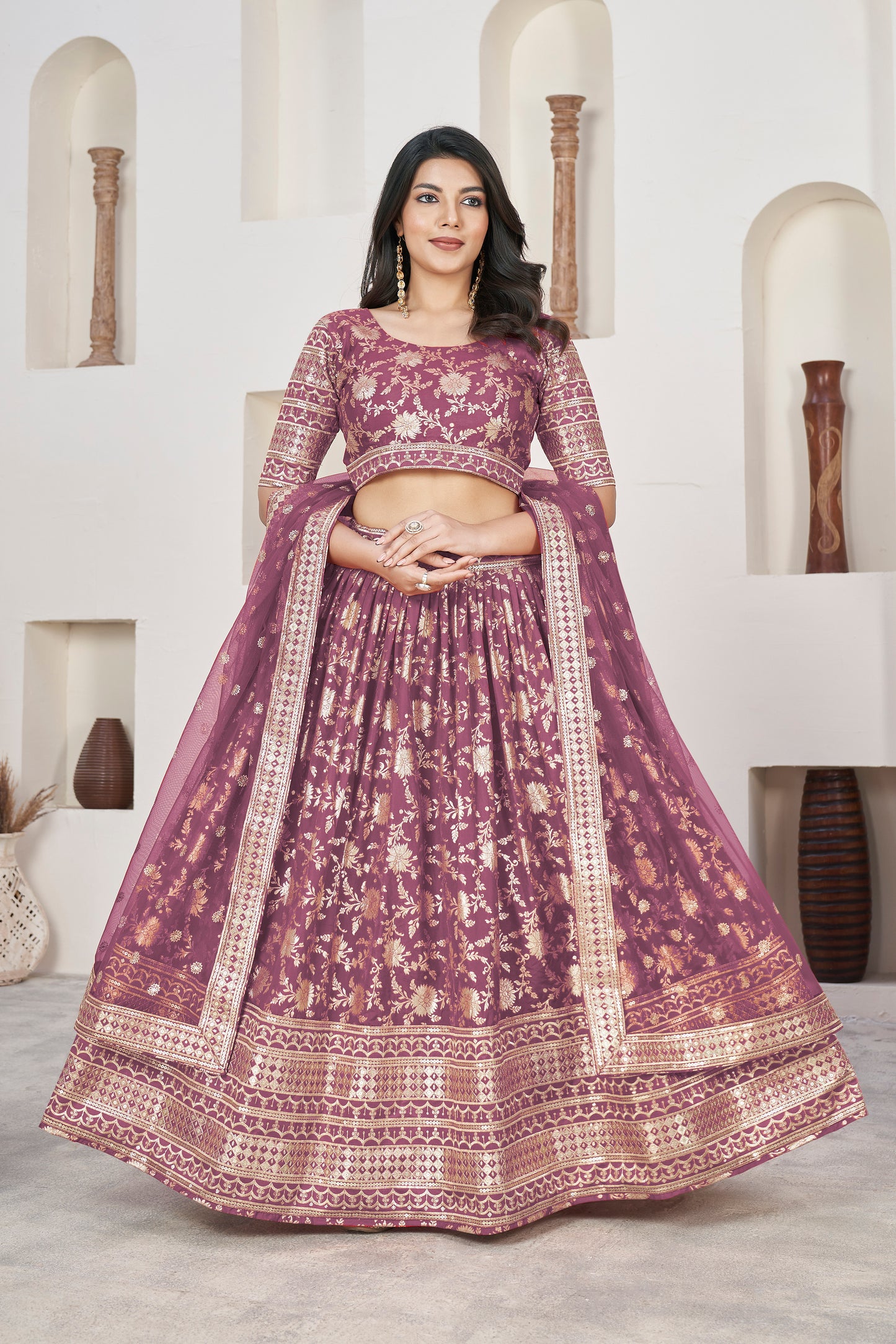 Elegant Rosy Brown Dola Jacquard Lehenga with Zari & Sequin Work