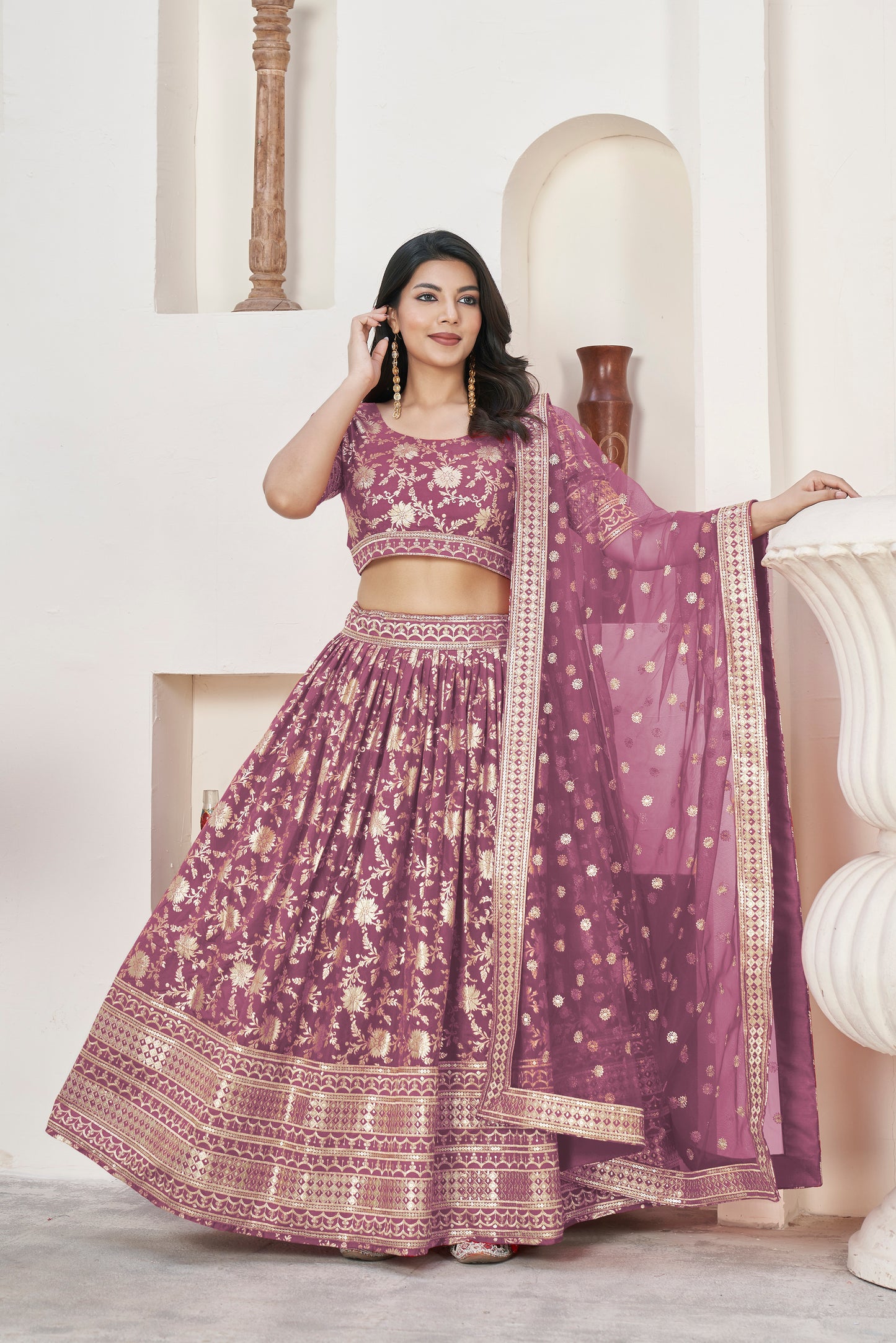 Elegant Rosy Brown Dola Jacquard Lehenga with Zari & Sequin Work