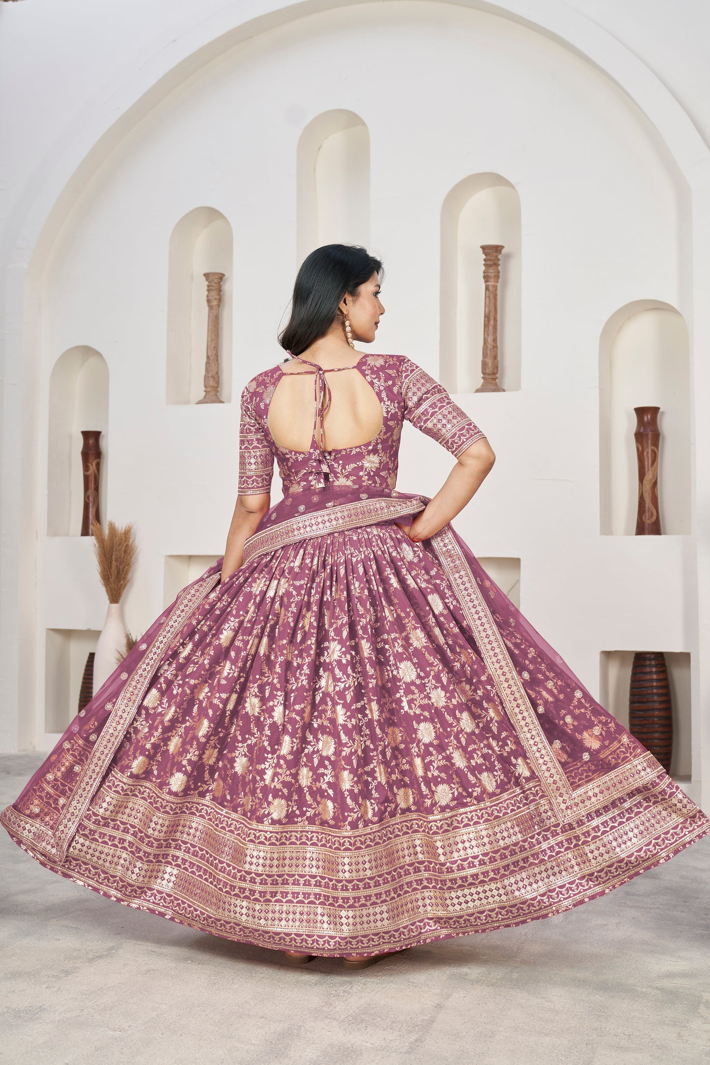 Elegant Rosy Brown Dola Jacquard Lehenga with Zari & Sequin Work