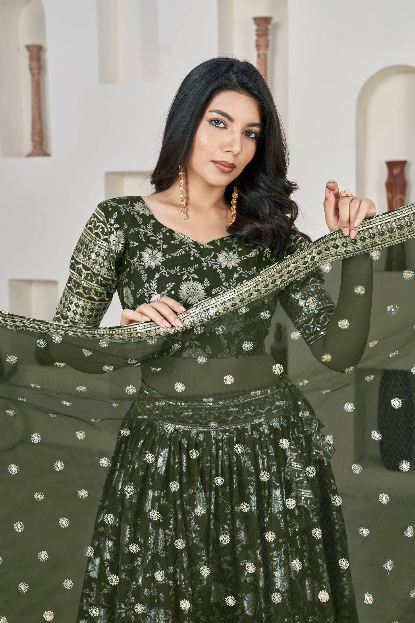 Elegant Mehndi Green Dola Jacquard Lehenga with Zari & Sequin Work
