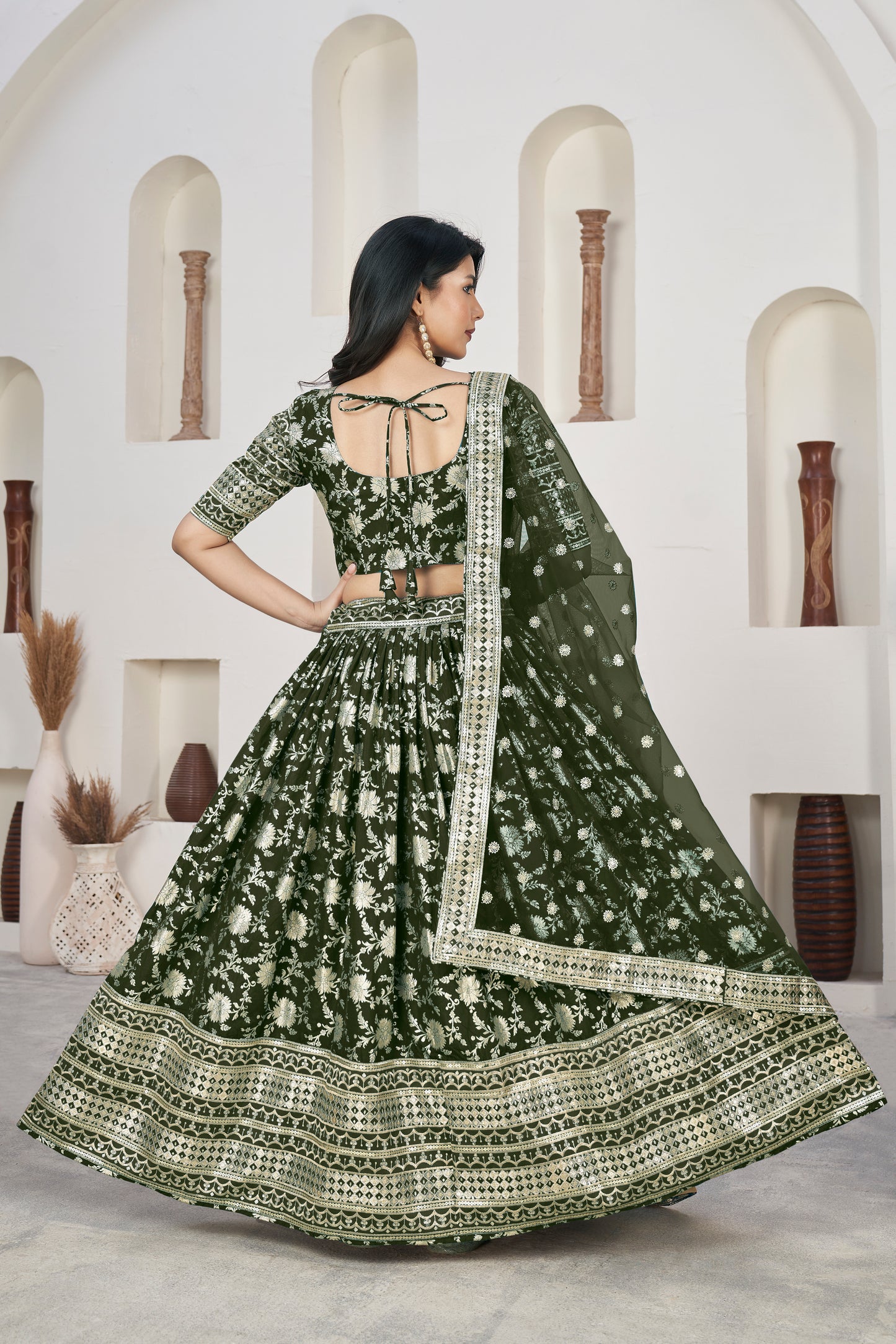 Elegant Mehndi Green Dola Jacquard Lehenga with Zari & Sequin Work