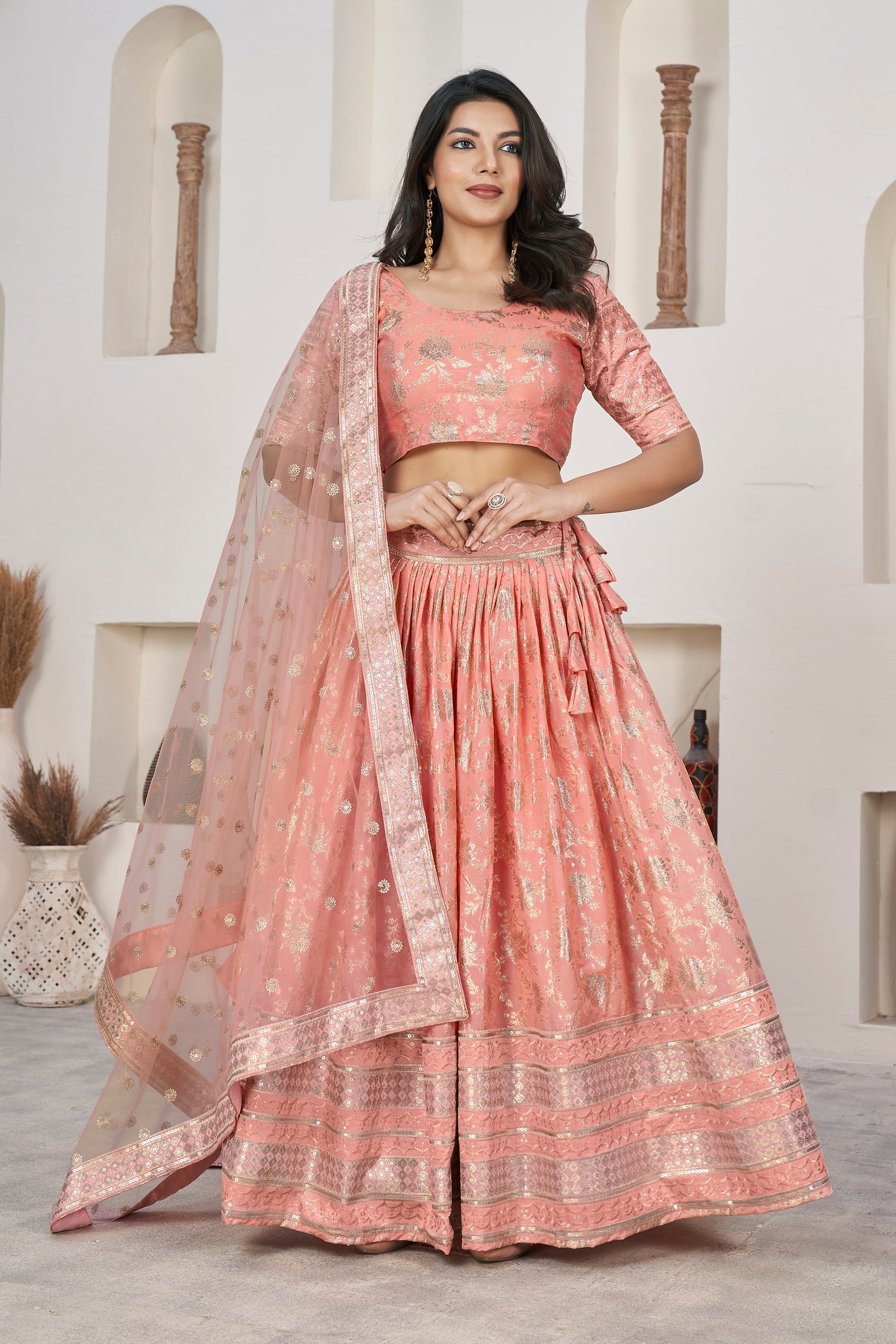 Chic Peach Dola Jacquard Lehenga with Zari & Sequin Work