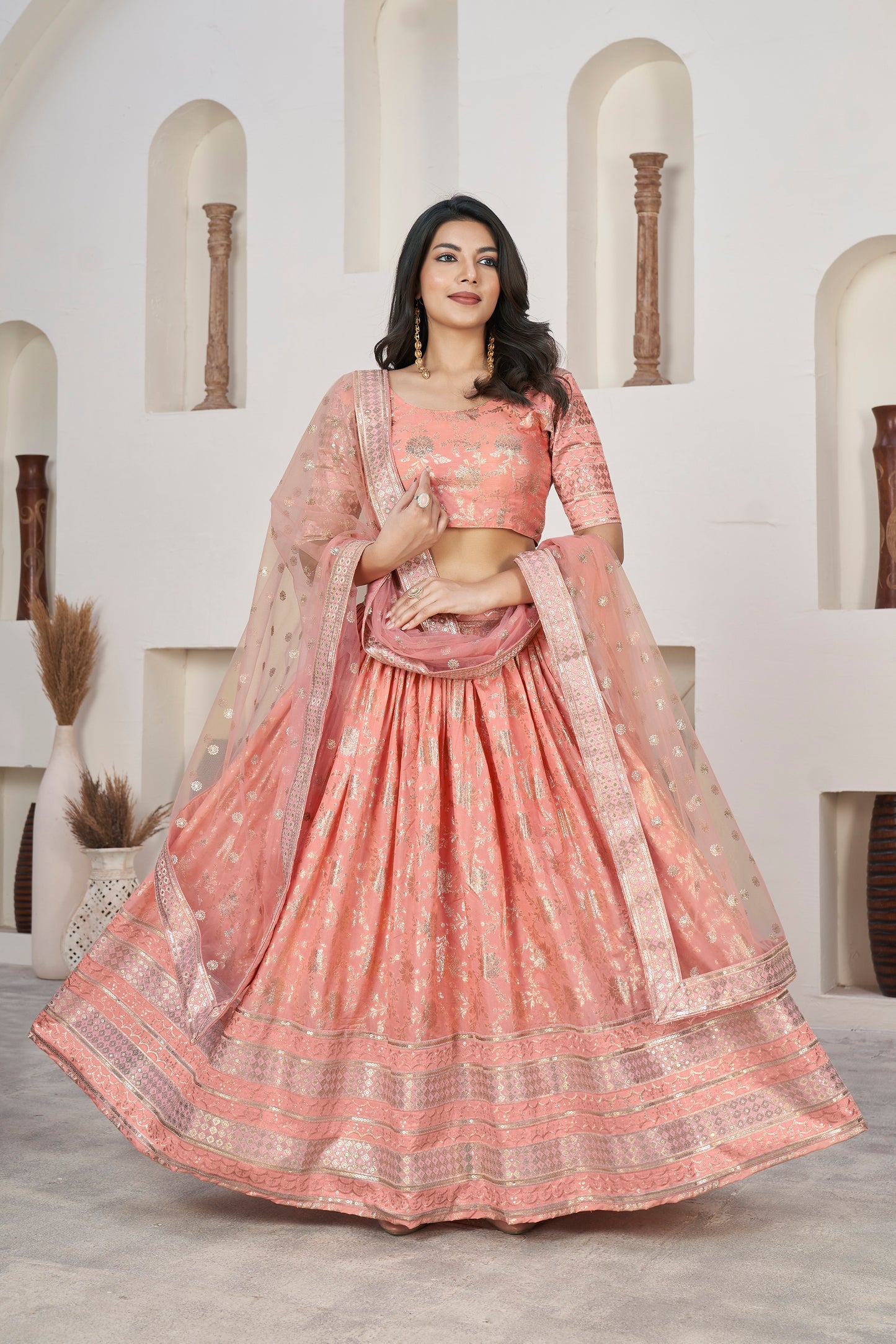 Chic Peach Dola Jacquard Lehenga with Zari & Sequin Work