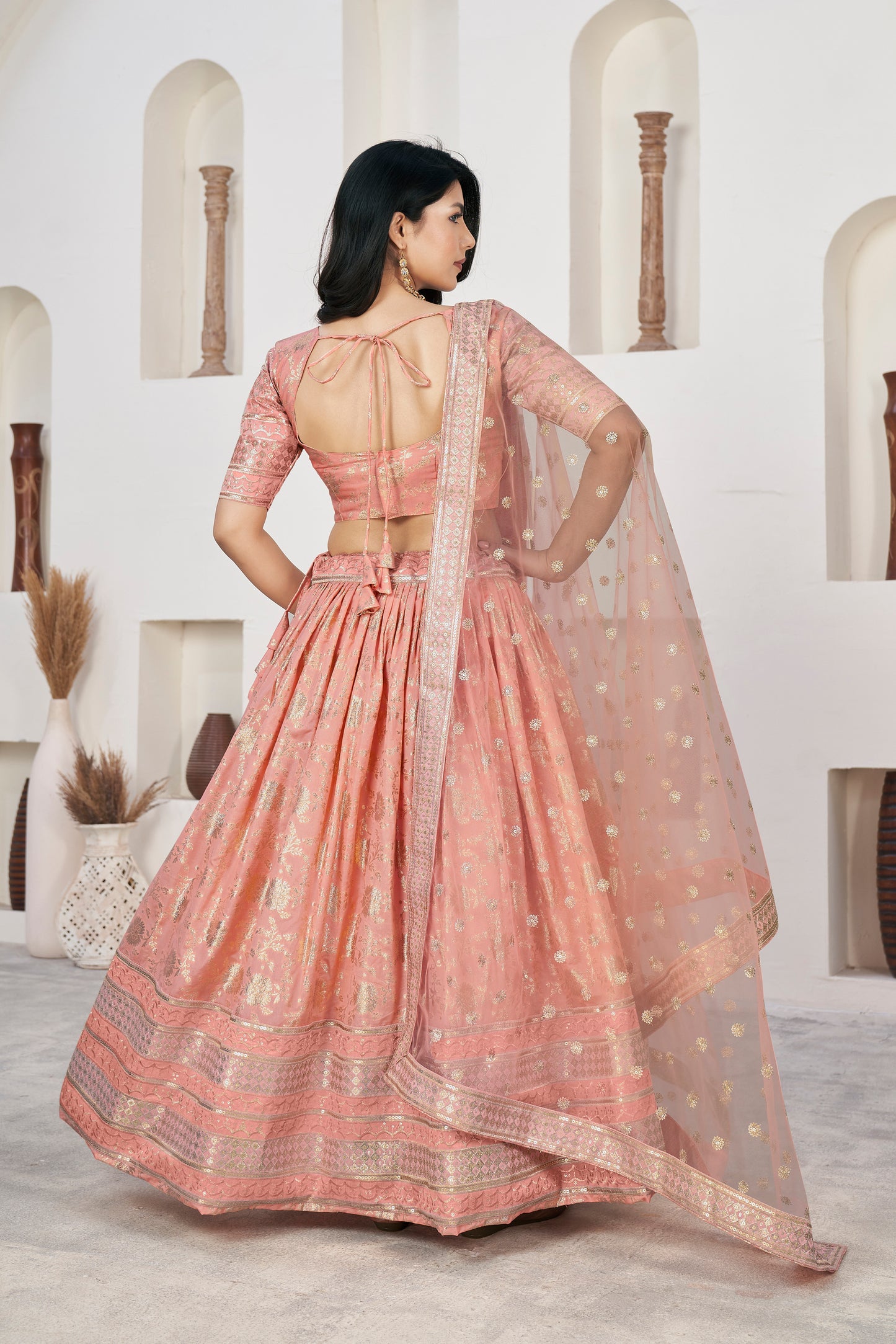 Chic Peach Dola Jacquard Lehenga with Zari & Sequin Work