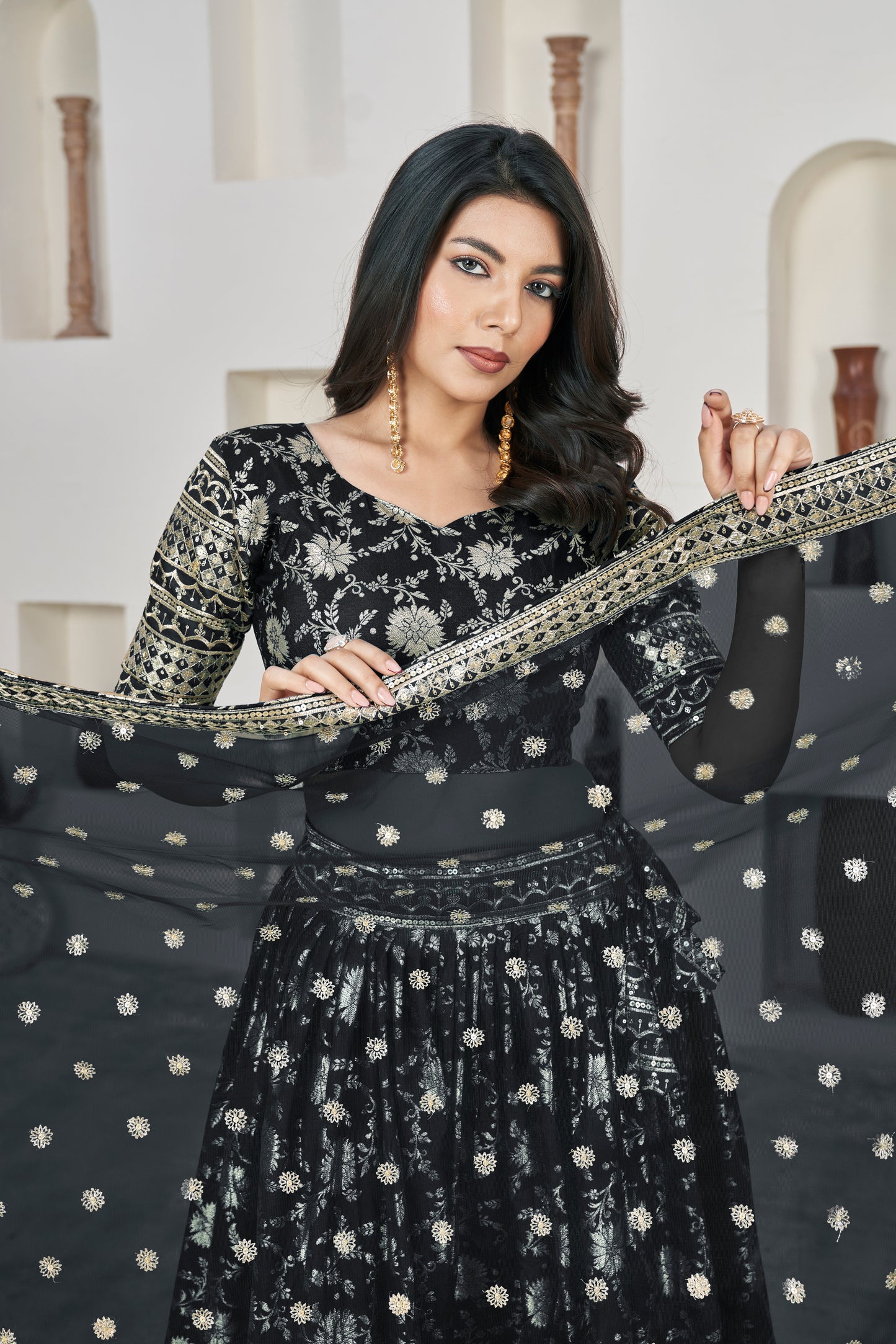 Elegant Black Dola Jacquard Lehenga with Zari & Sequin Work