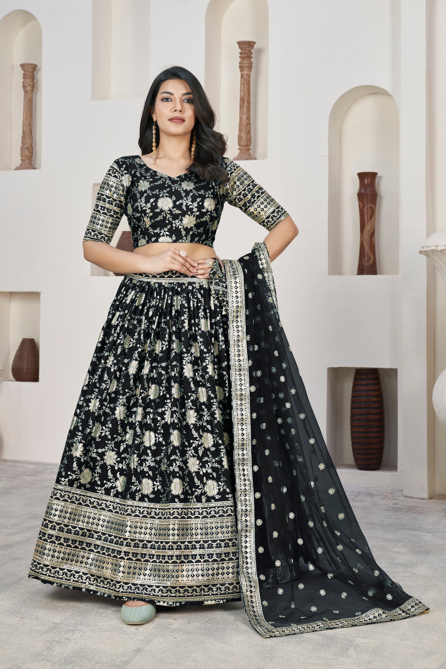 Elegant Black Dola Jacquard Lehenga with Zari & Sequin Work