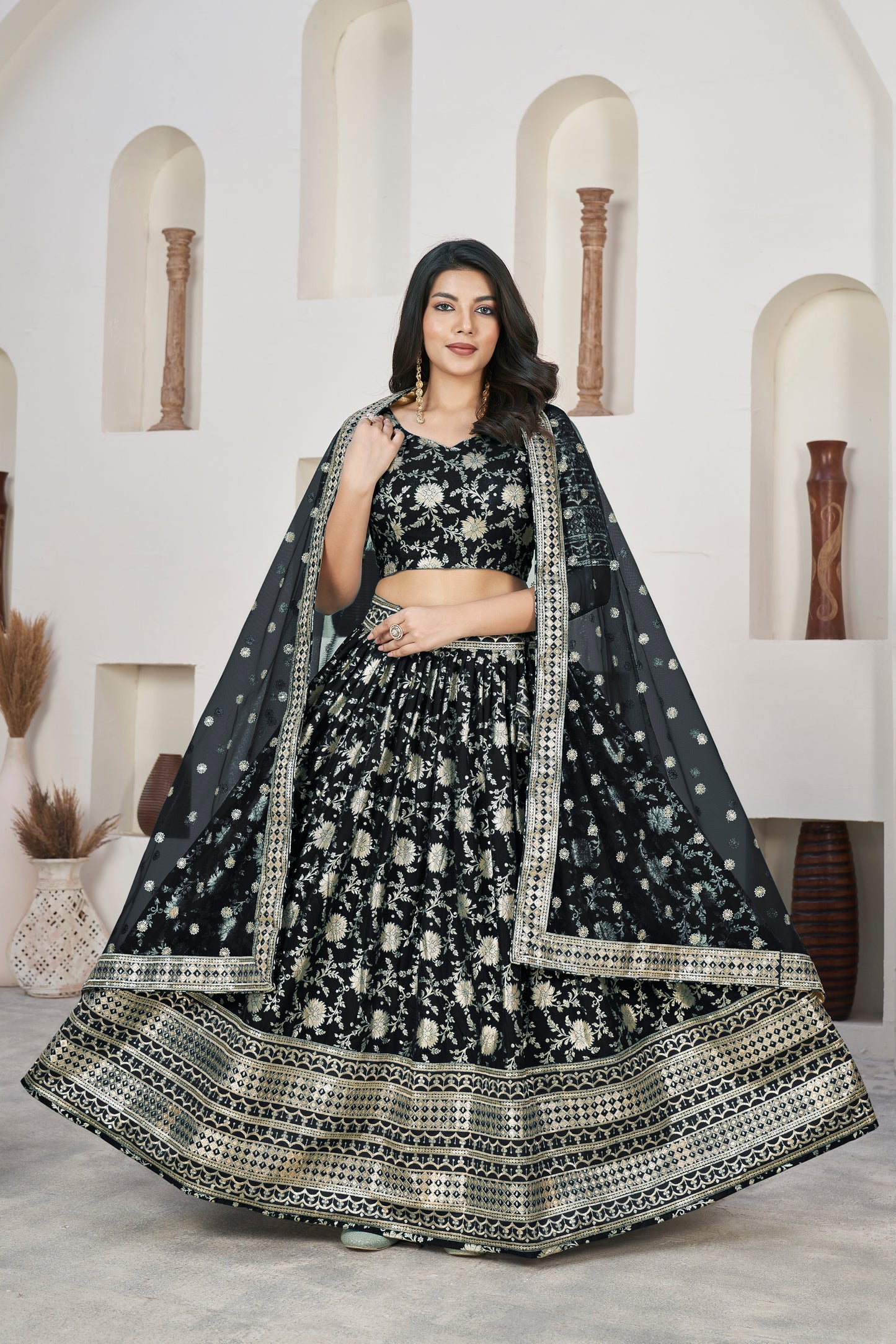 Elegant Black Dola Jacquard Lehenga with Zari & Sequin Work