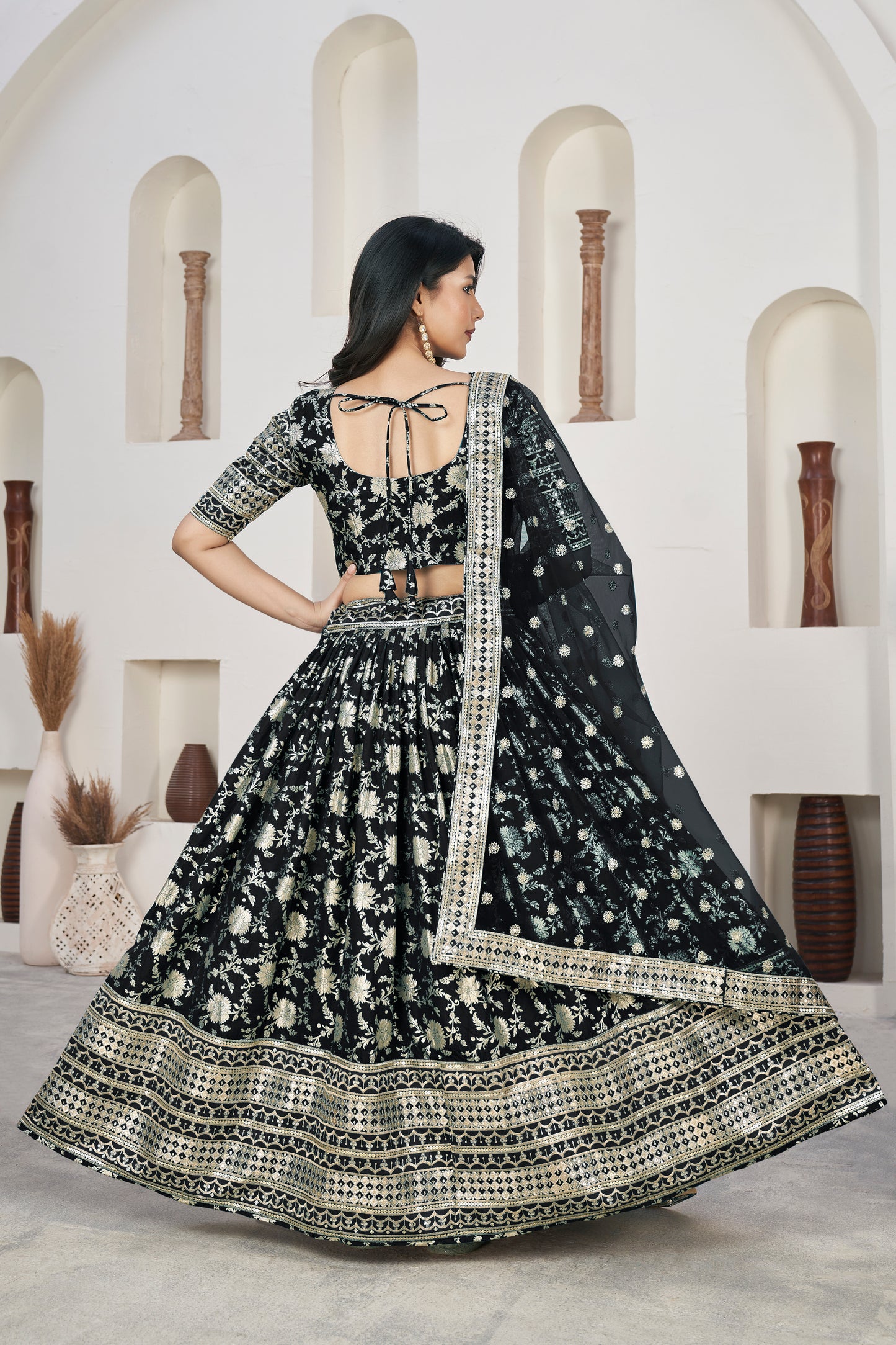 Elegant Black Dola Jacquard Lehenga with Zari & Sequin Work