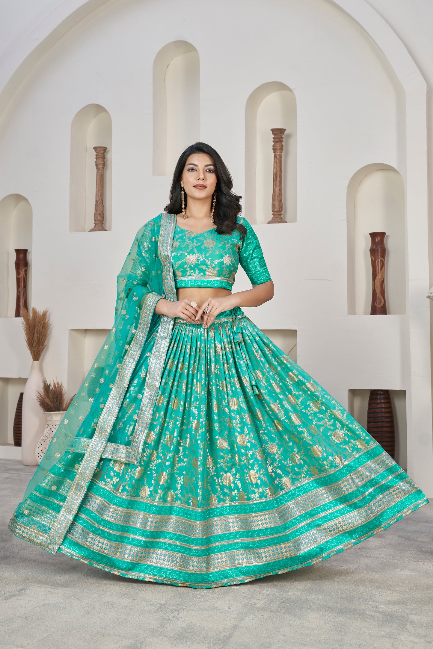Elegant Cyan Green Dola Jacquard Lehenga with Zari & Sequin Work