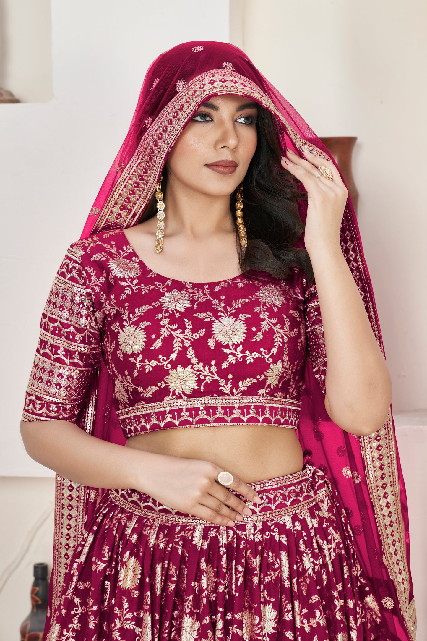 Vibrant Rani Pink Dola Jacquard Lehenga with Zari & Sequin Work