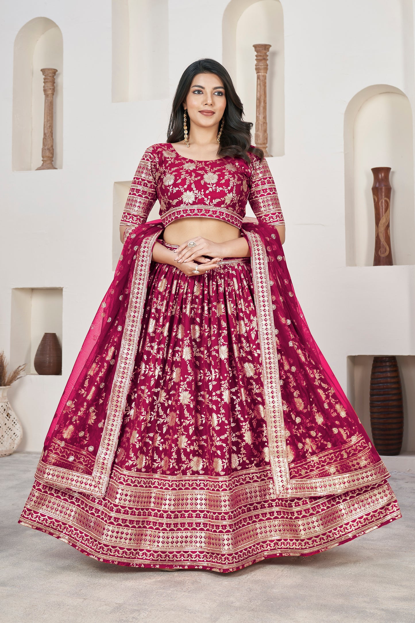 Vibrant Rani Pink Dola Jacquard Lehenga with Zari & Sequin Work