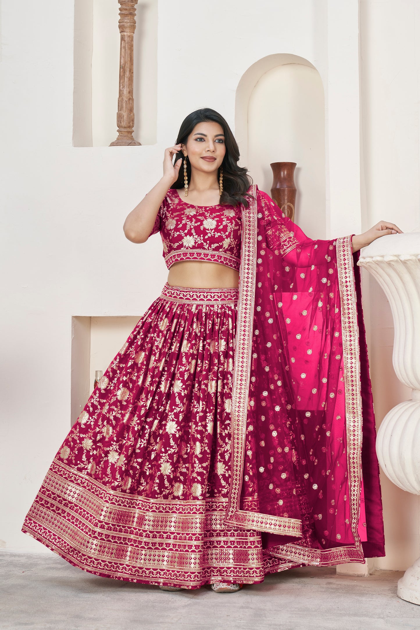 Vibrant Rani Pink Dola Jacquard Lehenga with Zari & Sequin Work