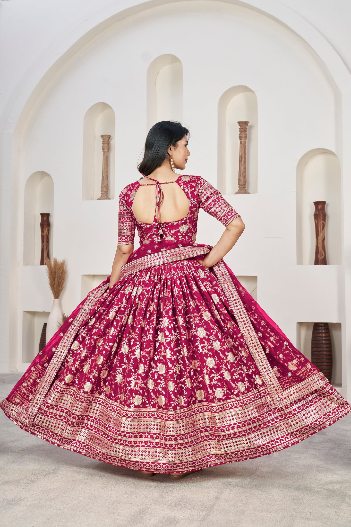 Vibrant Rani Pink Dola Jacquard Lehenga with Zari & Sequin Work
