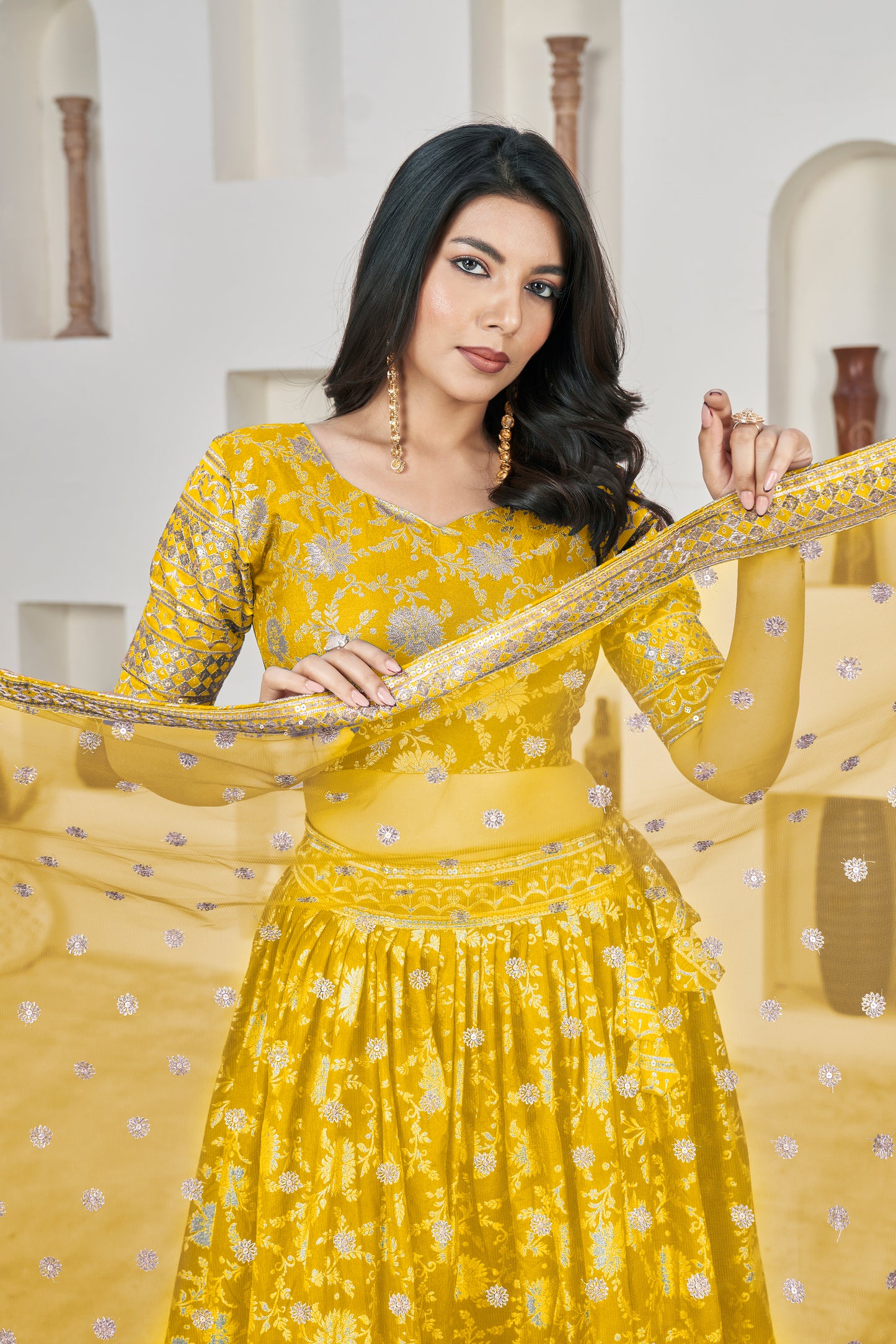 Golden Yellow Dola Jacquard Lehenga with Zari & Sequin Work