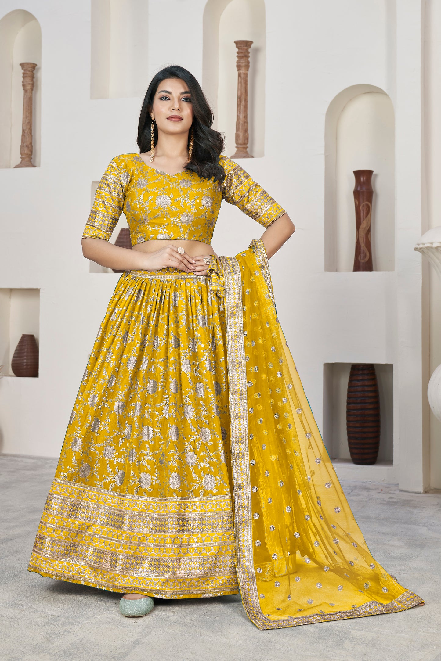 Golden Yellow Dola Jacquard Lehenga with Zari & Sequin Work