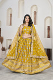 Golden Yellow Dola Jacquard Lehenga with Zari & Sequin Work