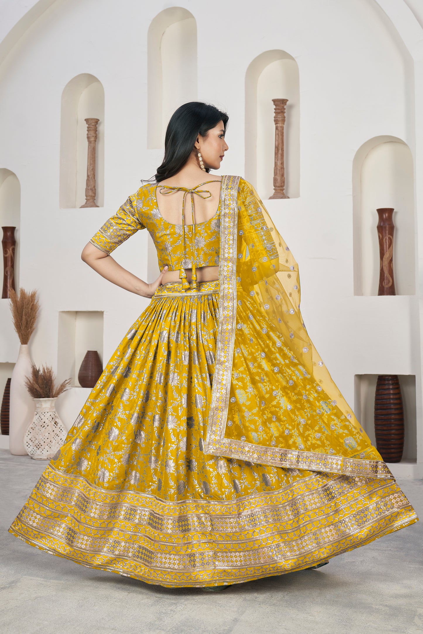 Golden Yellow Dola Jacquard Lehenga with Zari & Sequin Work