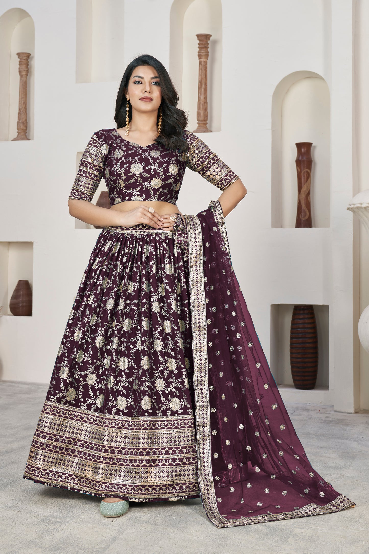 Regal Wine Dola Jacquard Lehenga with Zari & Sequin Work