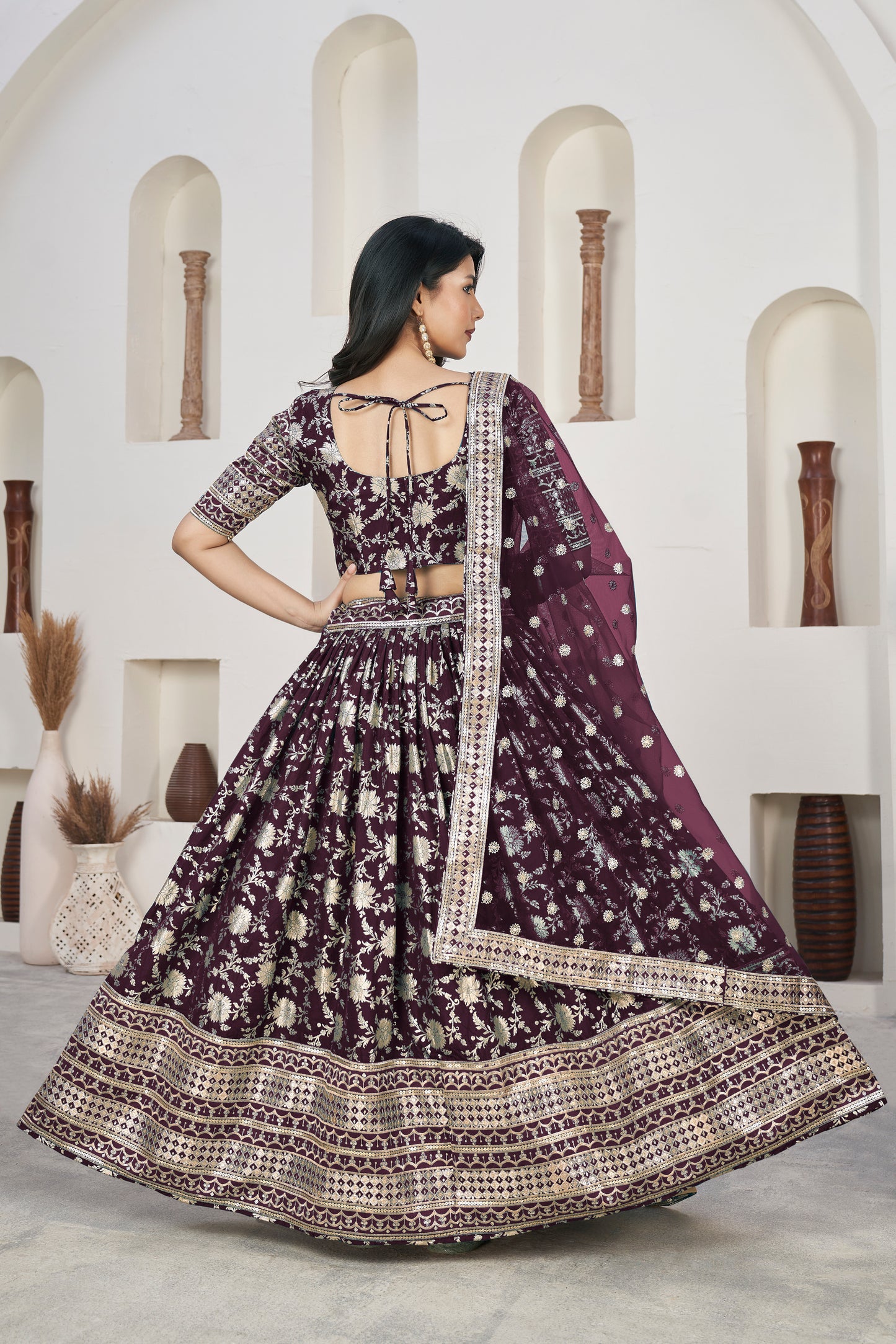 Regal Wine Dola Jacquard Lehenga with Zari & Sequin Work
