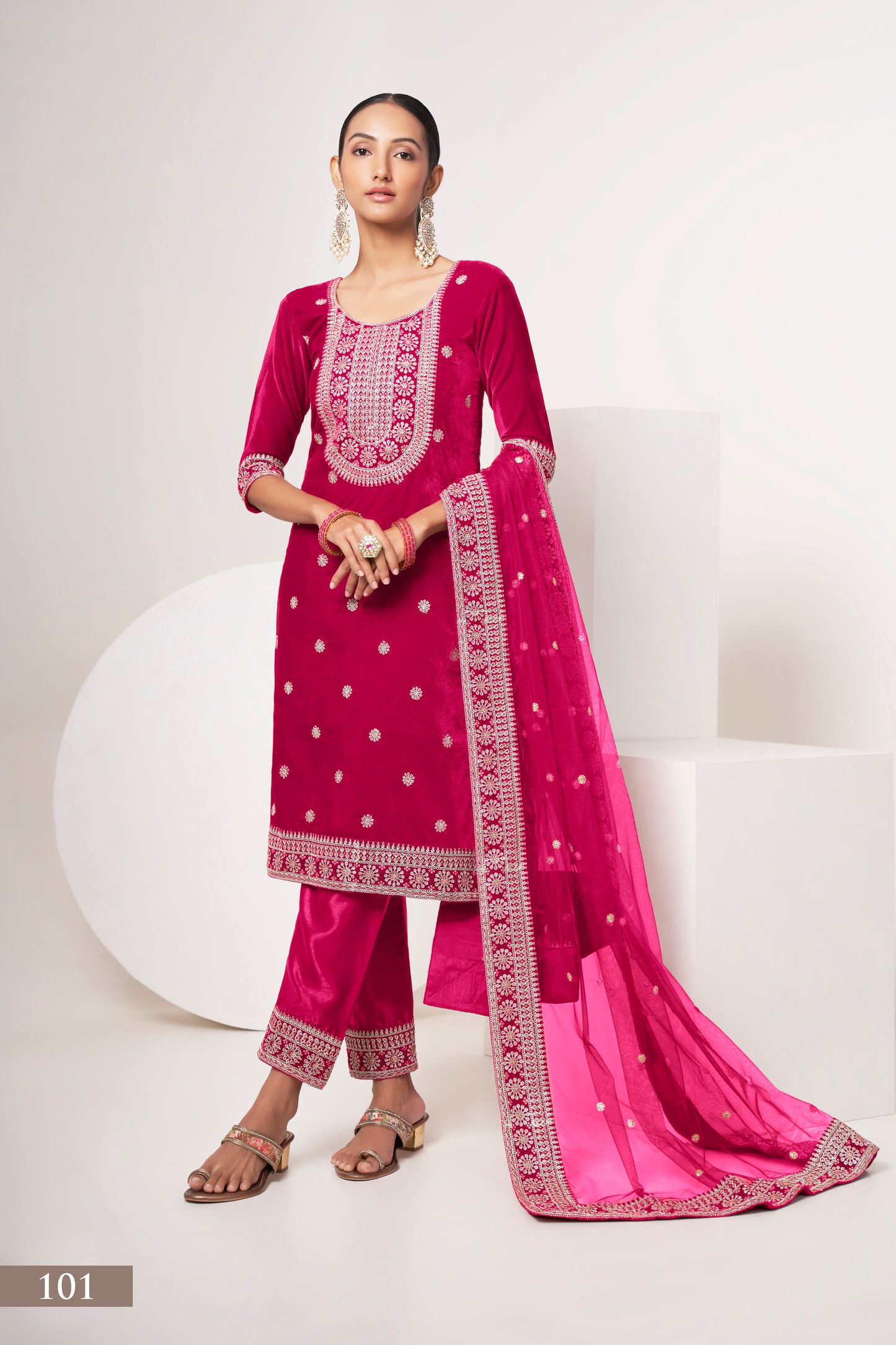 Luxurious Pink Velvet Salwar Kameez Suit with Intricate Embroidery