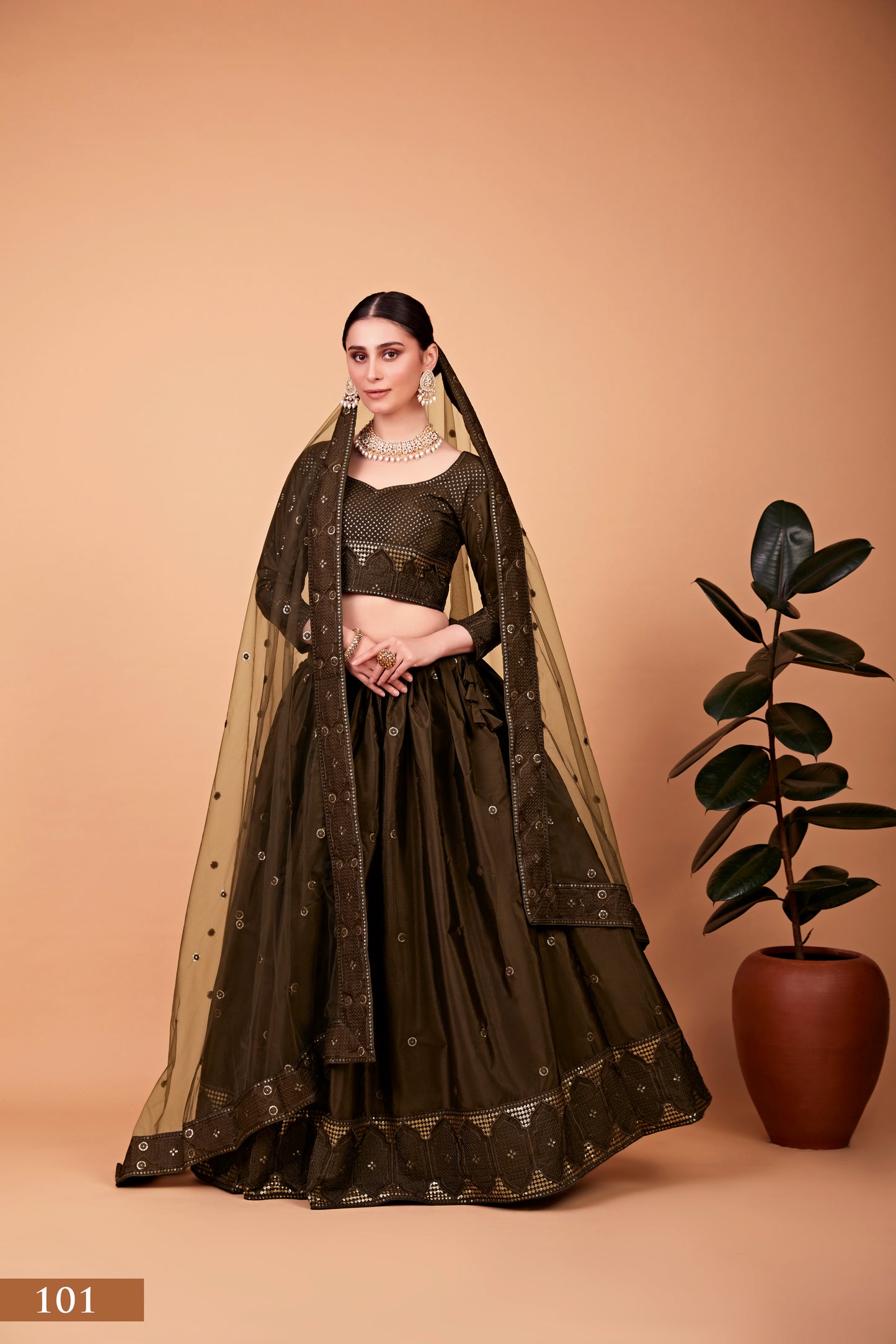 Sparkle & Stitch: Designer Mehndi Green Lehenga Choli Set with Thread and Sequin Embroidery
