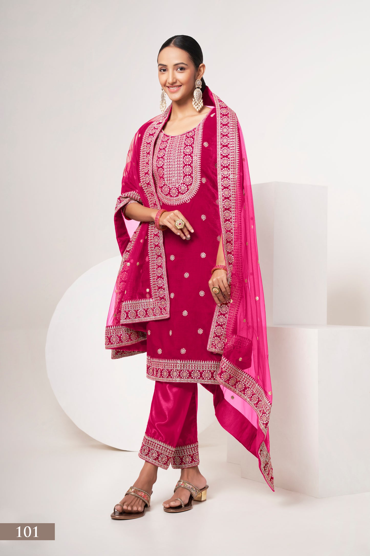 Luxurious Pink Velvet Salwar Kameez Suit with Intricate Embroidery