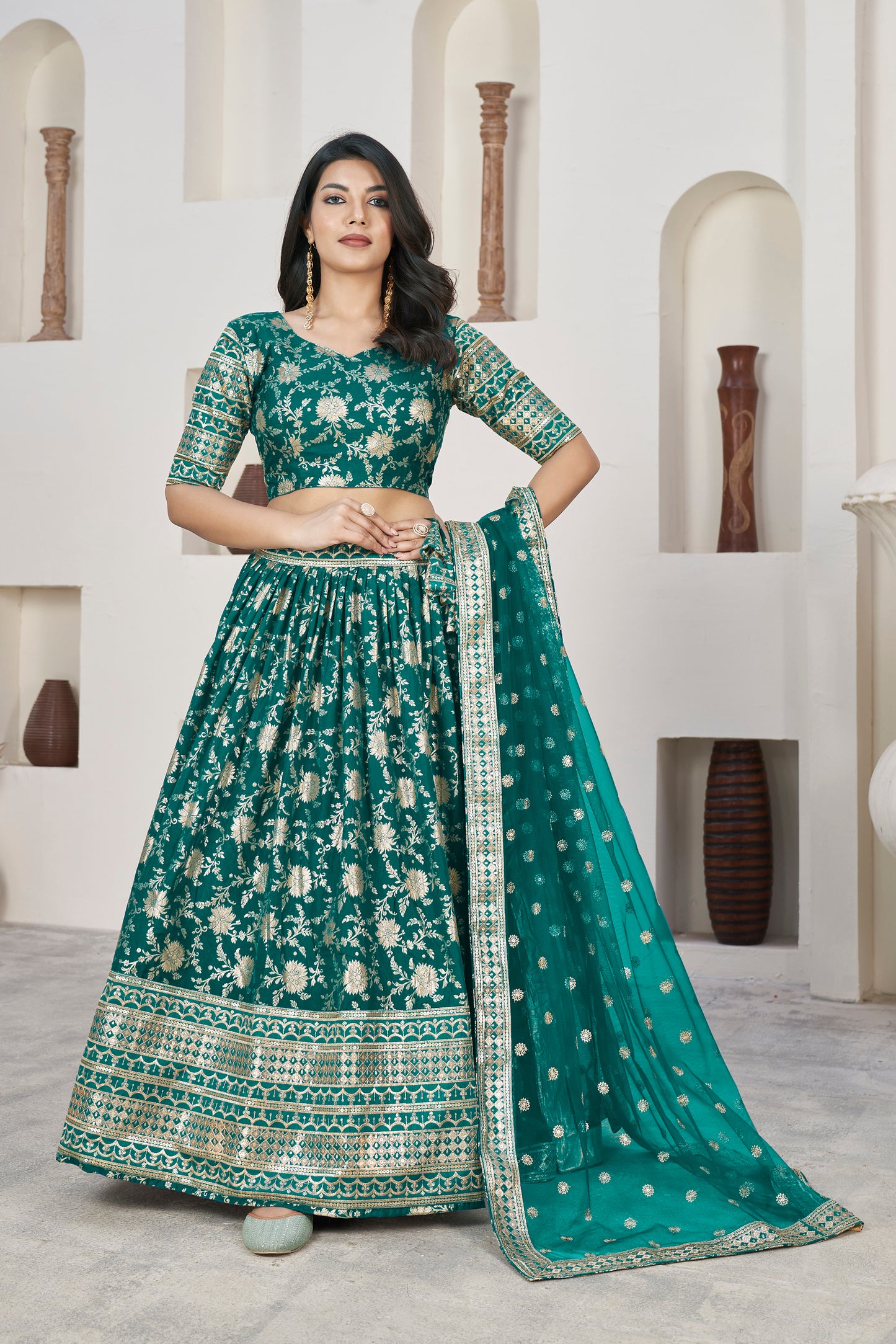 Exquisite Rama Green Dola Jacquard Lehenga with Zari & Sequin Work