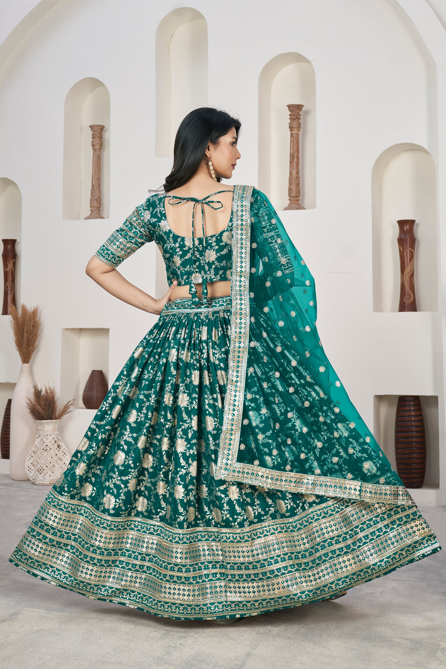 Exquisite Rama Green Dola Jacquard Lehenga with Zari & Sequin Work