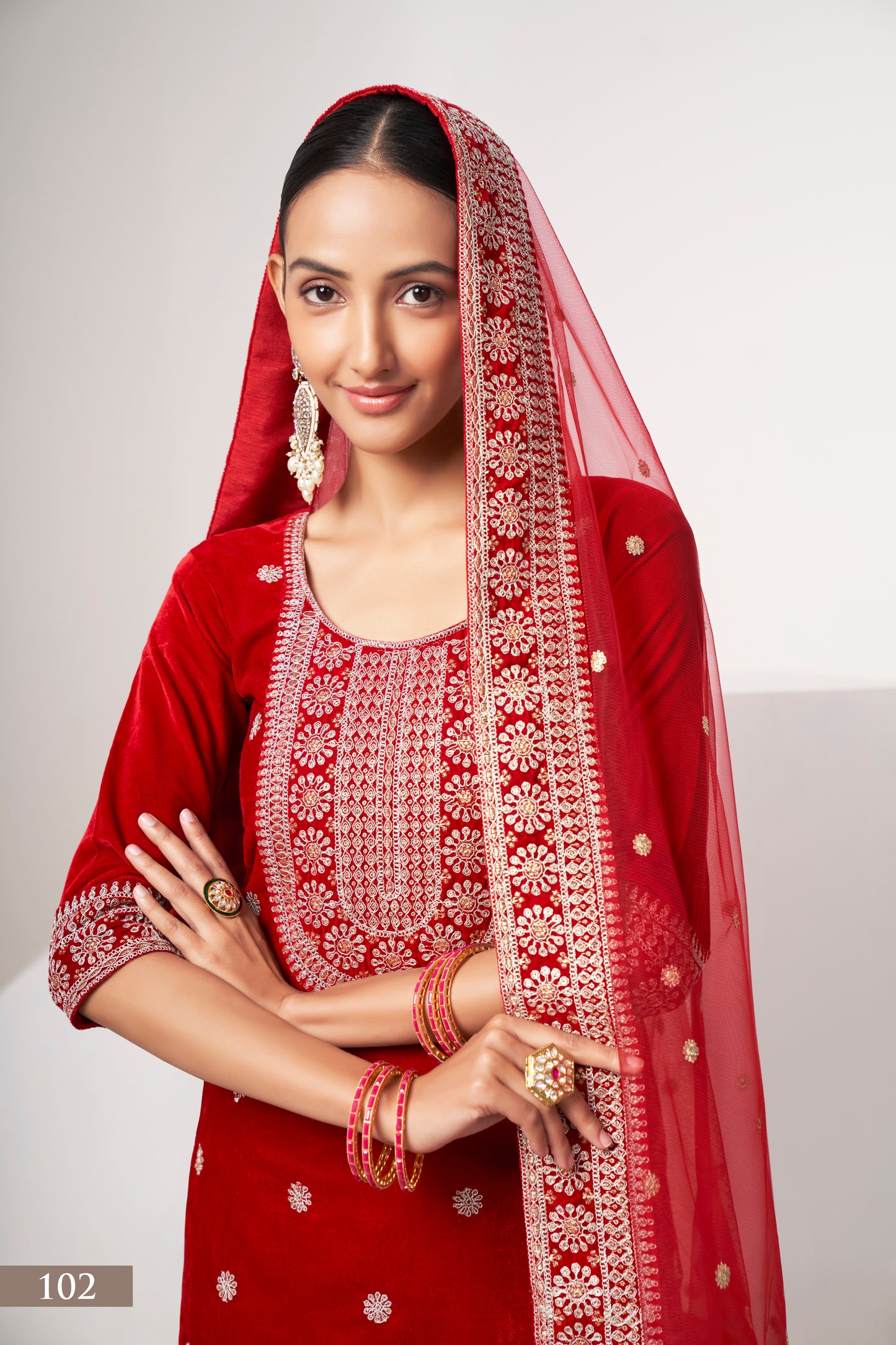 Elegant Red Velvet Salwar Kameez Suit with Intricate Embroidery