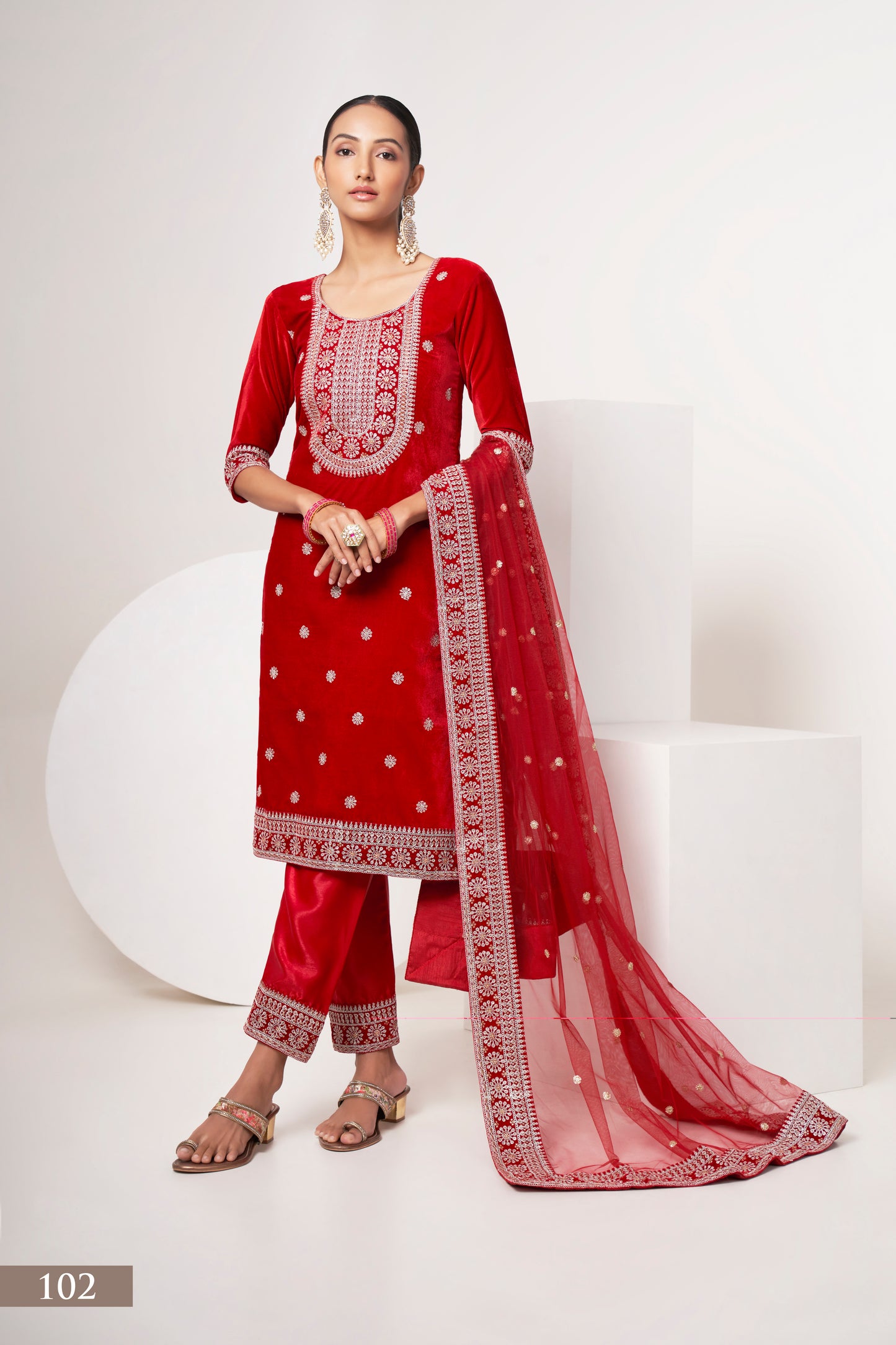 Elegant Red Velvet Salwar Kameez Suit with Intricate Embroidery