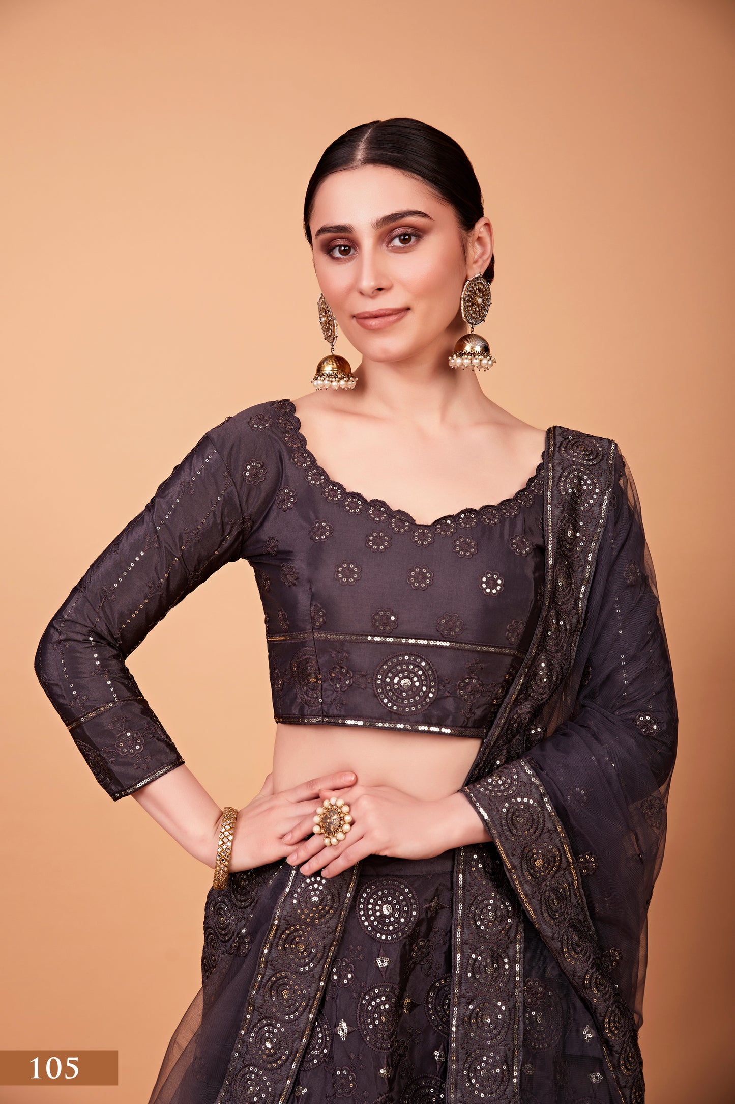 Sparkle & Stitch: Designer Grey Lehenga Choli Set with Thread and Sequin Embroidery